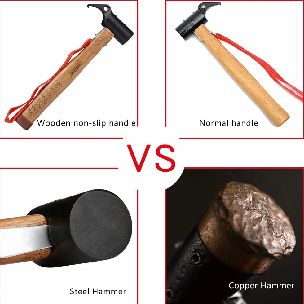 Marteau pour tente de camping en acier au carbone, extracteur de piquets multifonctionnel avec sangle de retenue