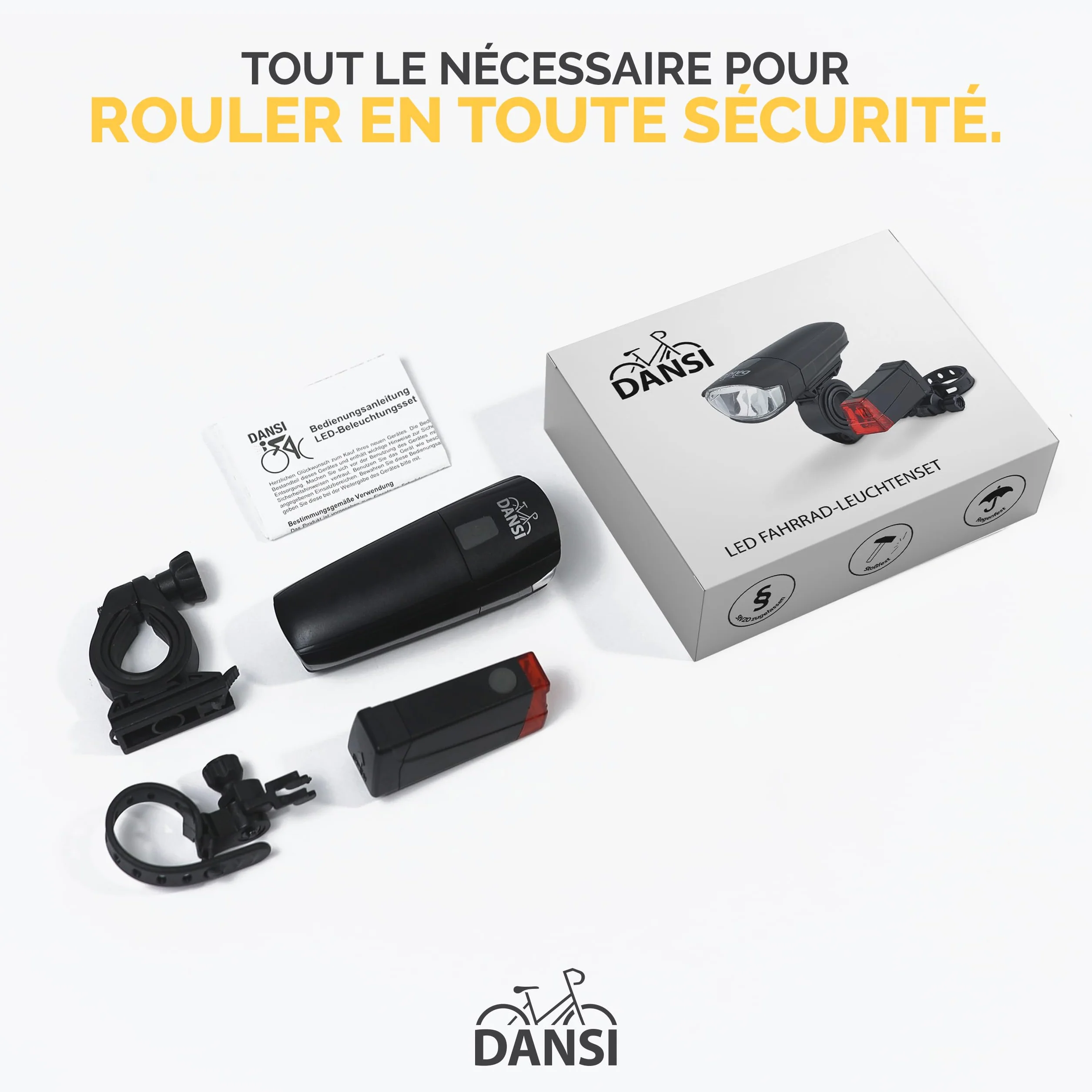 DANSI LED Light Set - Eclairage de vélo homologué StVZO avec 60, 30 & 15 Lux | Eclairage de vélo LED Avant+arrière |Ajustement Automatique de l'éclairage & Montage sans Outil| Résistant à la Pluie
