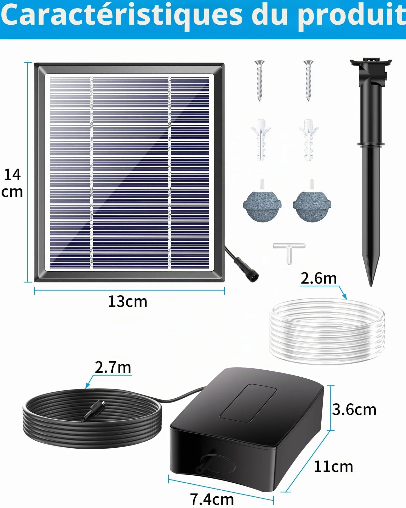 Biling Pompe à air Solaire 2.5W pour Aquarium Oxygenateur Extérieur avec Tube d'oxygène et Pierre à Bulles