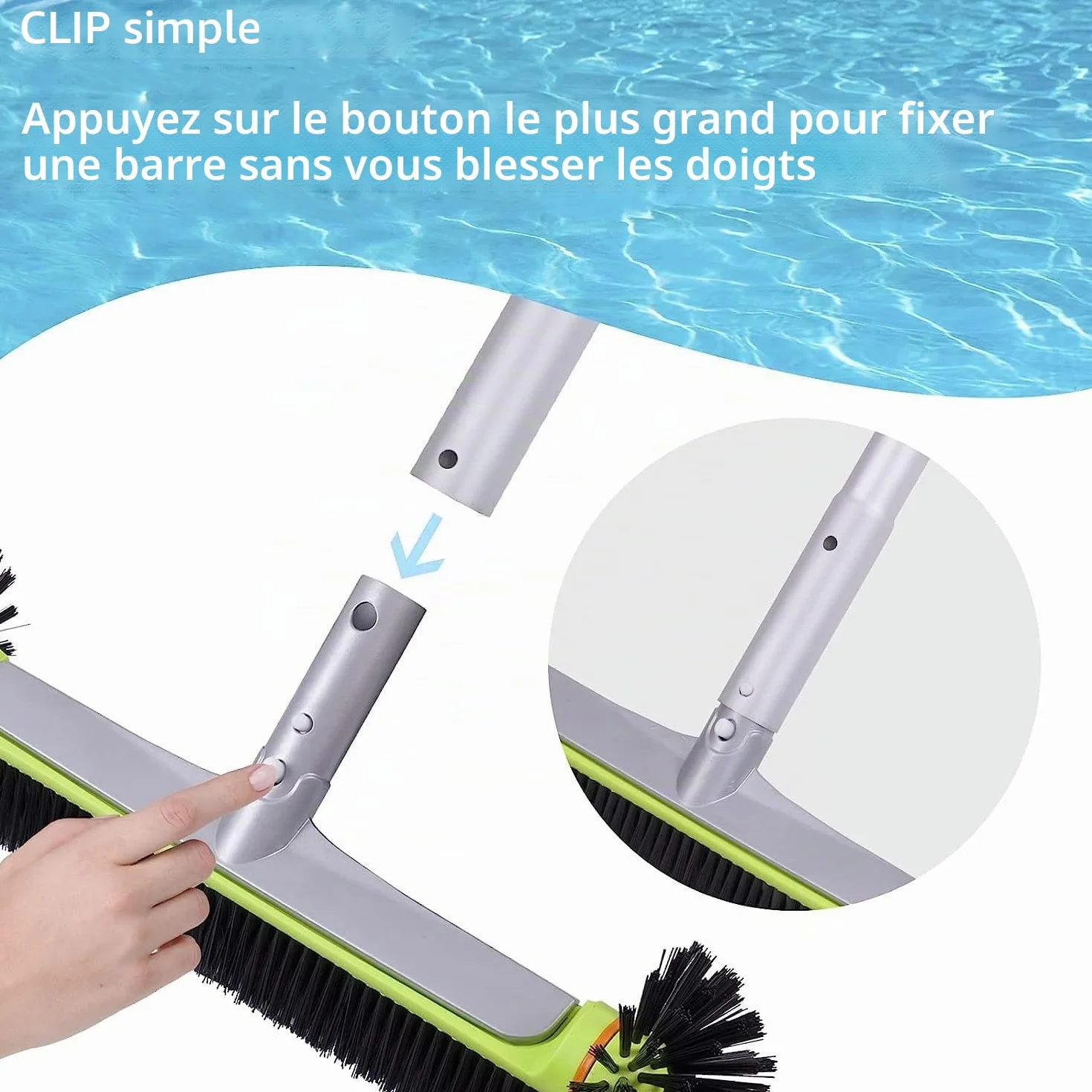 Brosse de piscine ronde robuste avec dos en aluminium renforcé et poils solides