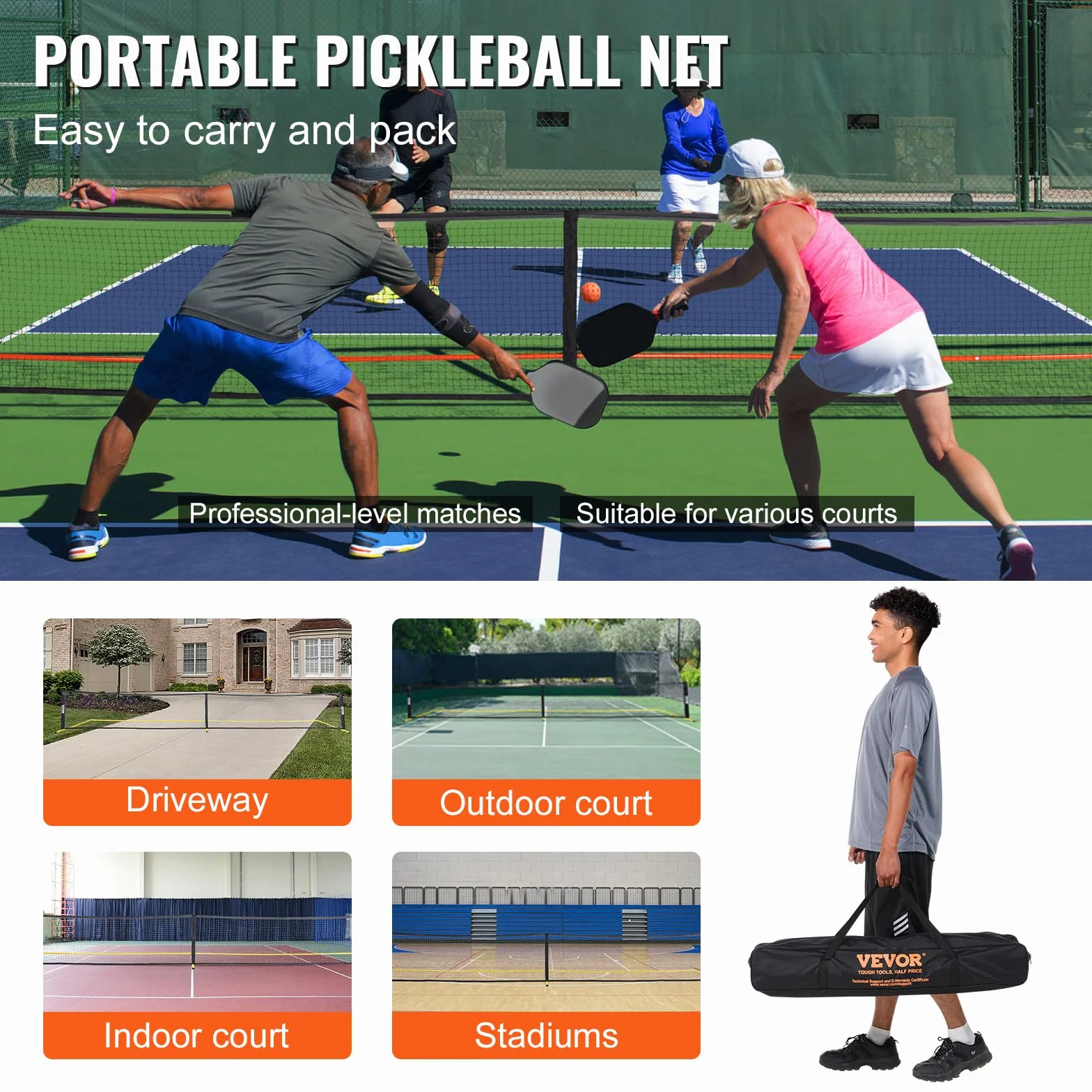 VEVOR Ensemble de filet de pickleball, système de pickleball portable de 6,7 m de taille réglementaire avec sac de transport, balles et pagaies, cadre en métal stable résistant aux intempéries et