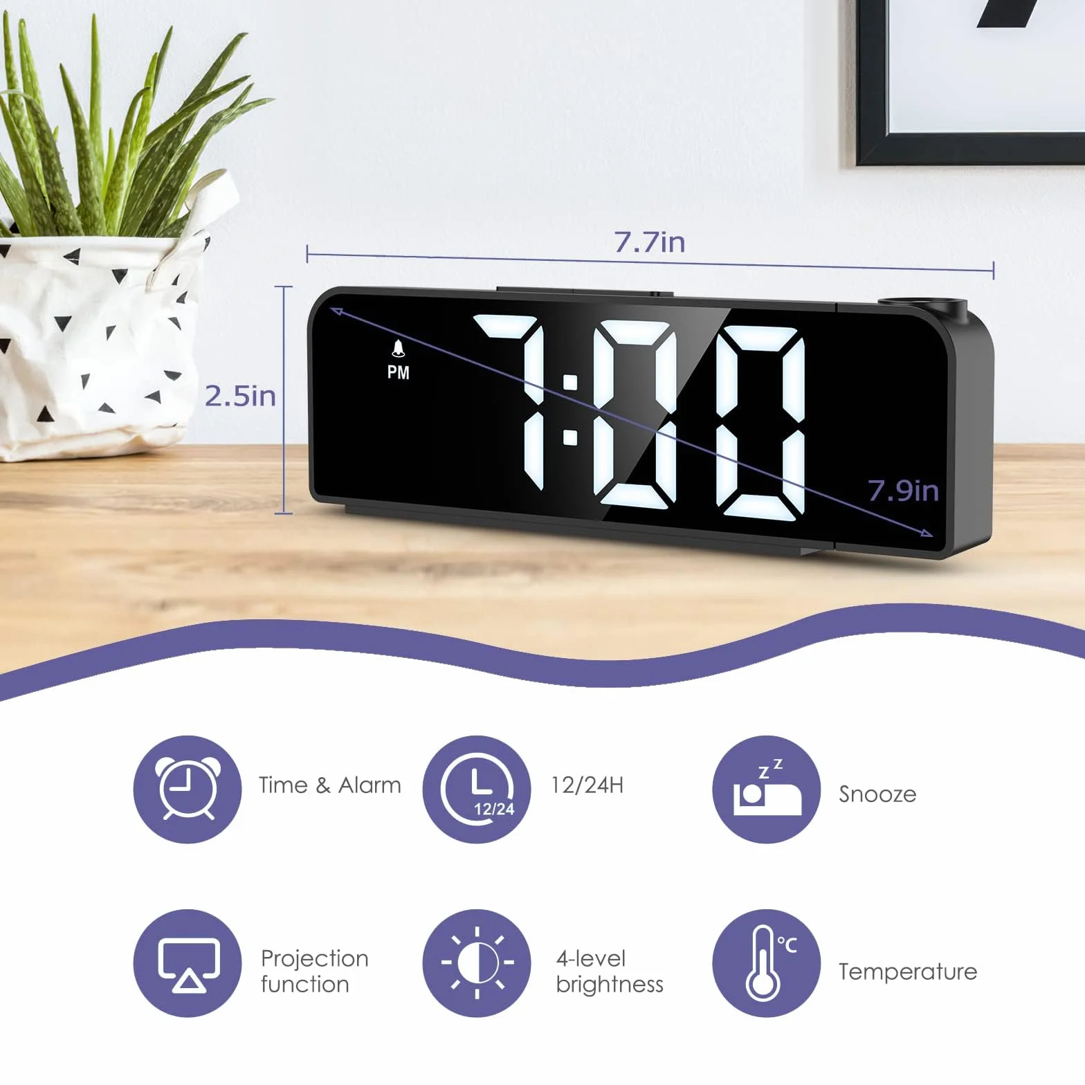 Réveil Projecteur Plafond 180° Numérique LED 7.9" 4 Luminosités Réglable Snooze Température