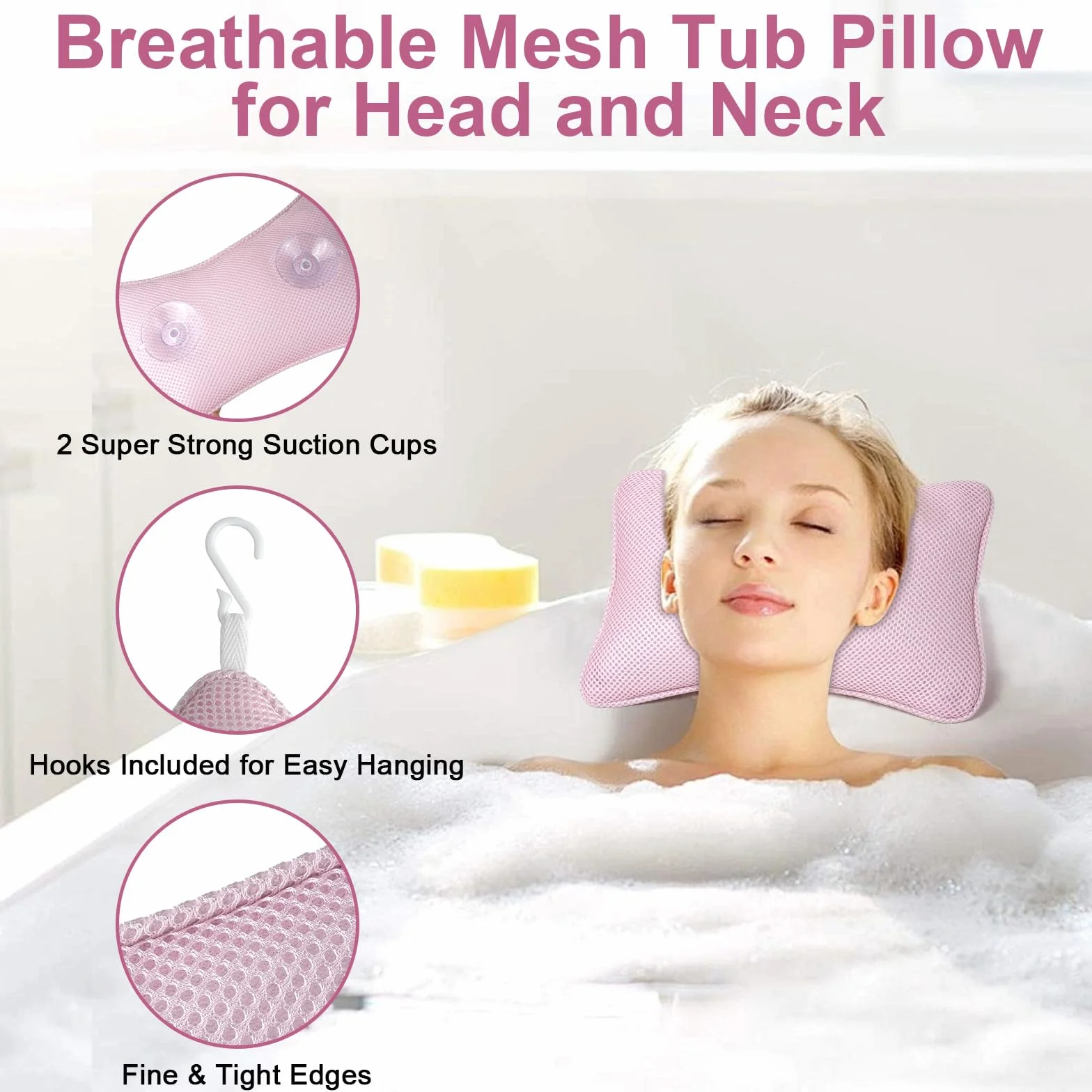 Oreiller de Bain Antidérapant avec Ventouse Ergonomique pour Nuque Rose