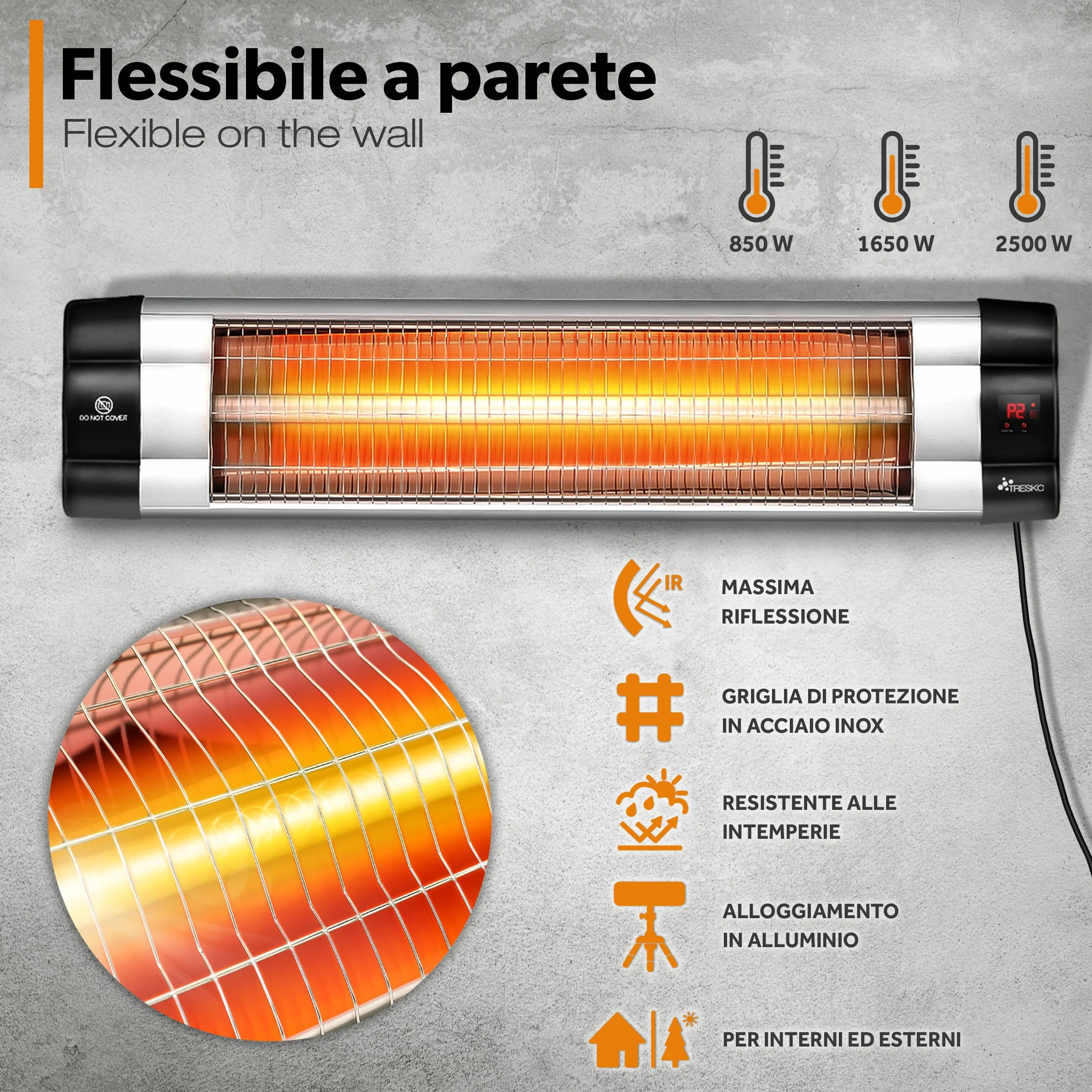 TRESKO Chauffage extérieur Infrarouge 2500W Radiateur Rayonnant Électrique Terrasse