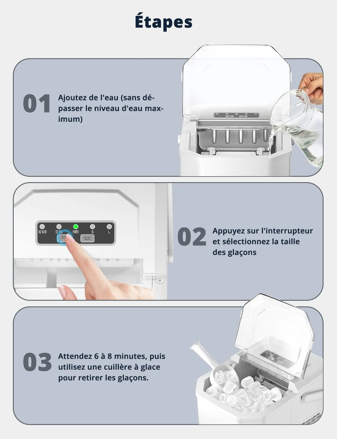 Machine à Glaçons 12kg/24h 9 Glaçons 6-8 Min Blanc avec Autonettoyante