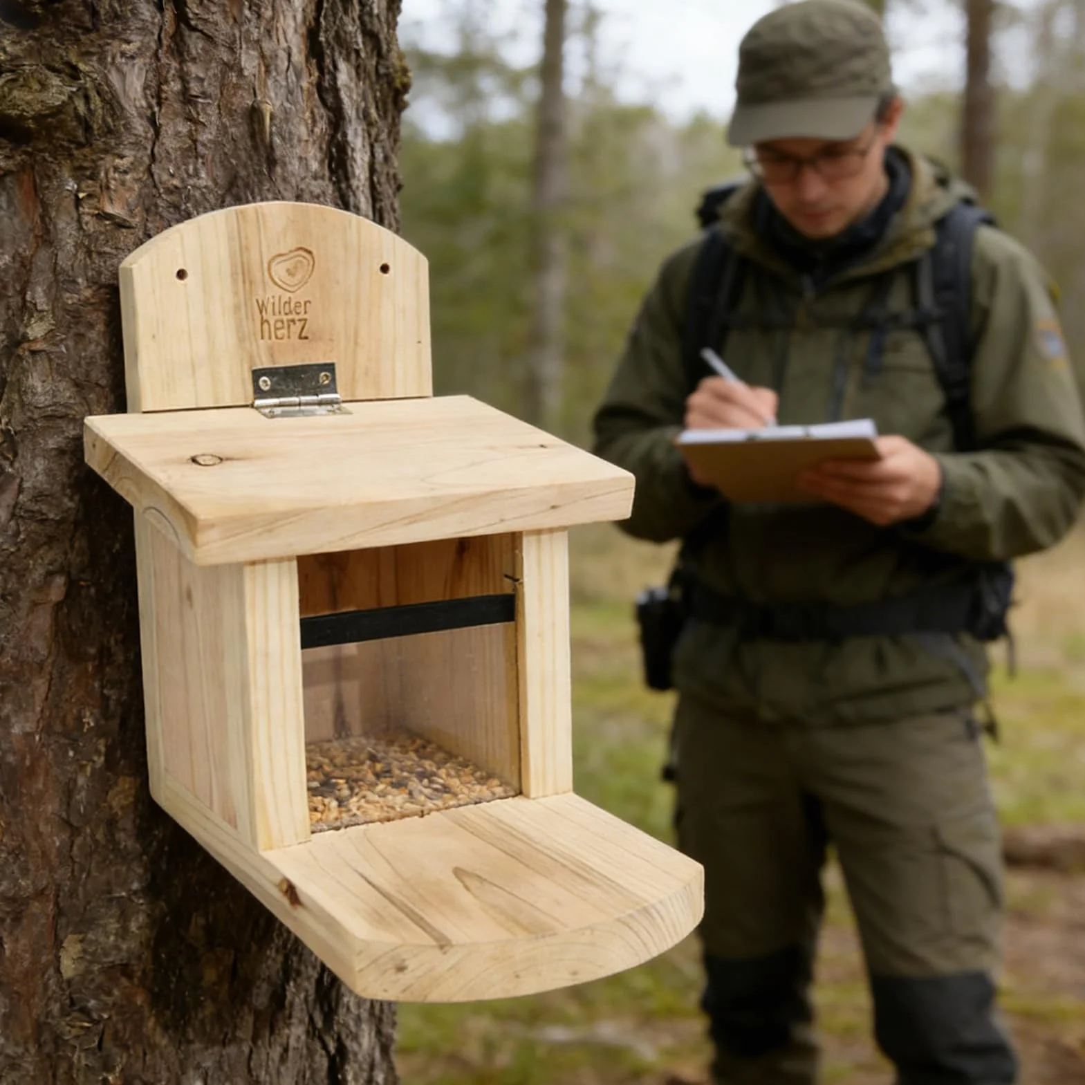 Mangeoire en bois pour écureuils 21 cm station d'alimentation extérieure coupe-vent avec fonction d'hydratation