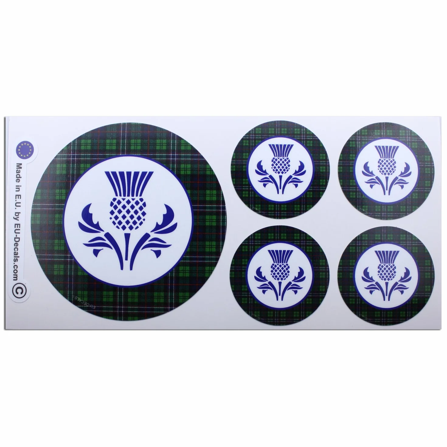 MioVespa - 1 x 100 mm - 4 x 50 mm - Motif tartan écossais écossais avec chardon bleu - Autocollant classique rétro pour casque, voiture, vélo, scooter
