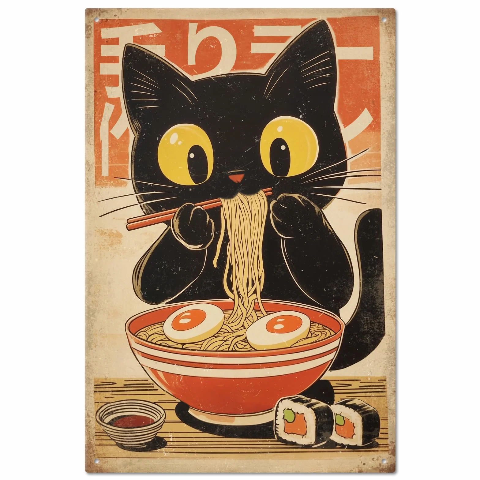 GLOBLELAND Plaque Métal Chat Ramen Japonais Vintage 12x8 pouces Décoration Murale