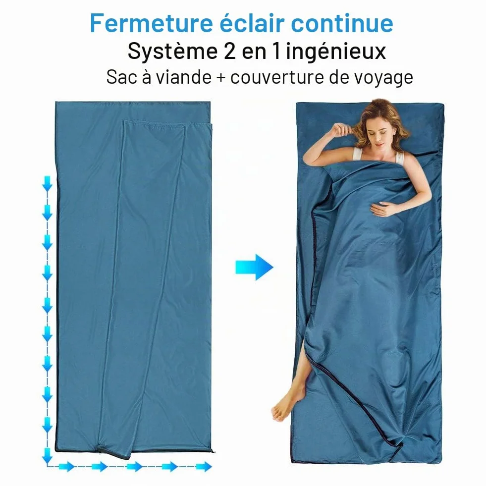 Drap de Sac de Couchage de Voyage 2 en 1 en Microfibre - XL 220x95cm, Sac à Viande de Couchage Idéal pour Randonnée, Camping et Séjours en Auberge,Auberge, Sac à Dos