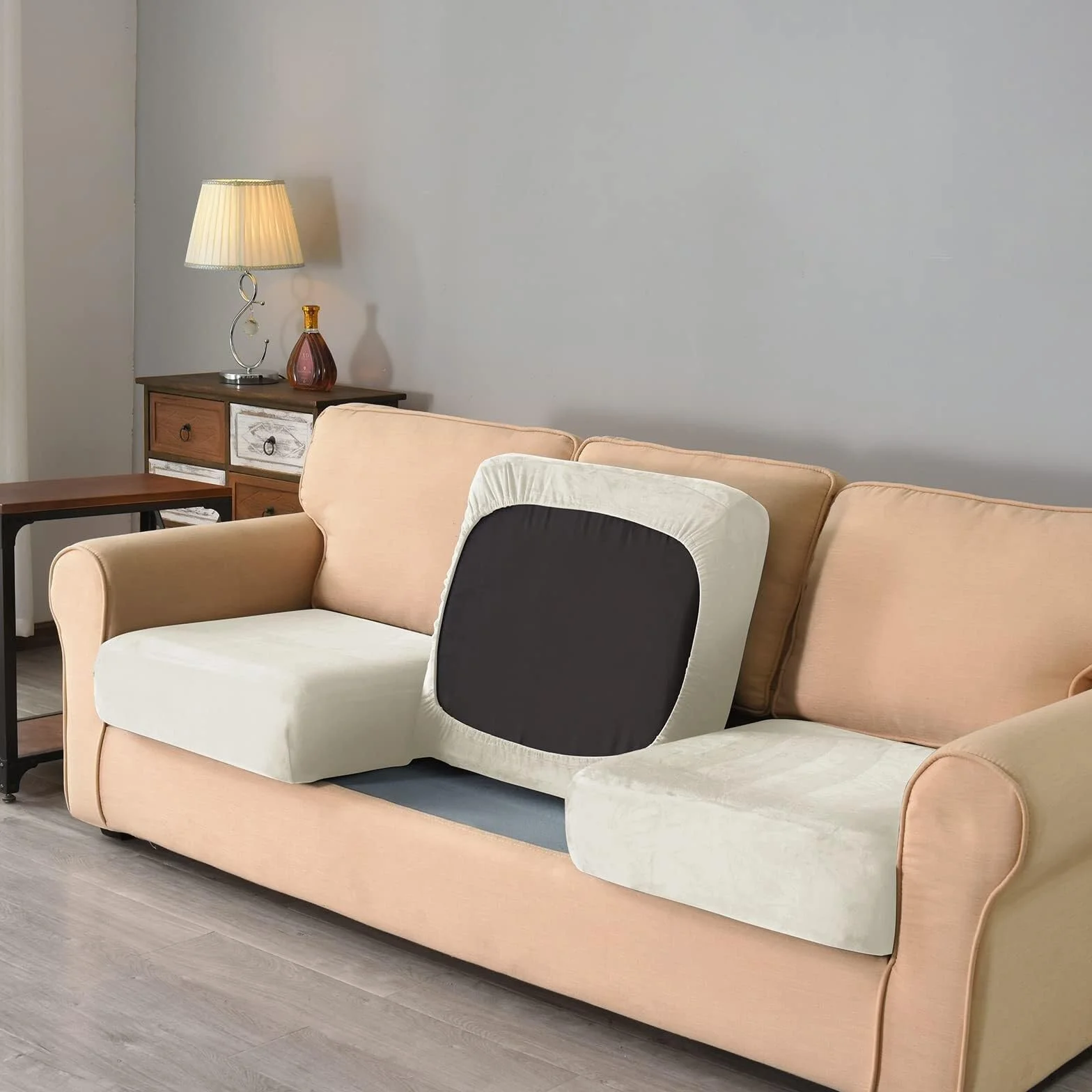 Housse de canapé 2 places extensible 5 pièces avec coussins séparés housses dossier, remplacement salon Bianco