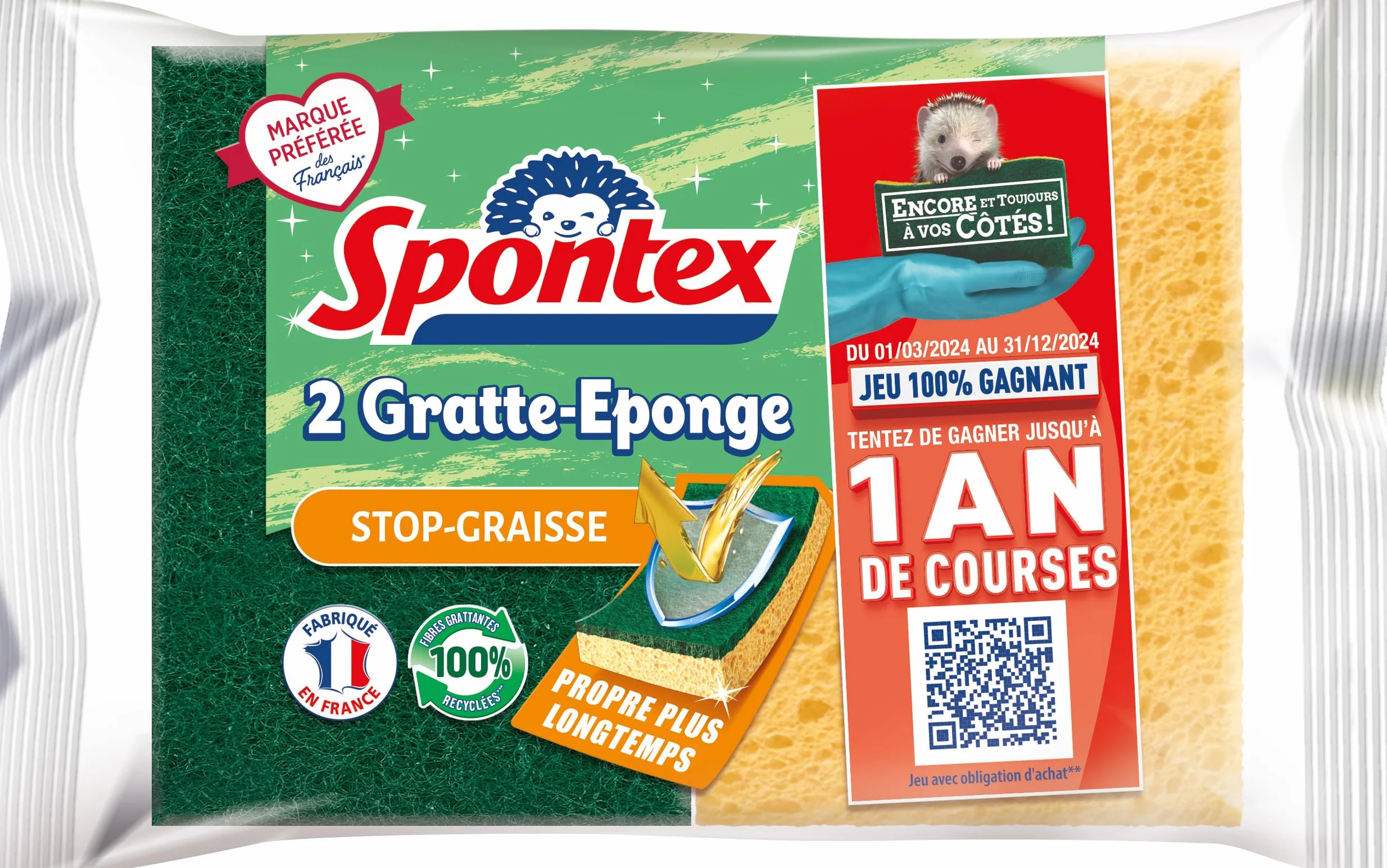 Spontex Gratte-Eponge Stop-Graisse 2 éponges grattantes vertes protection anti-graisse