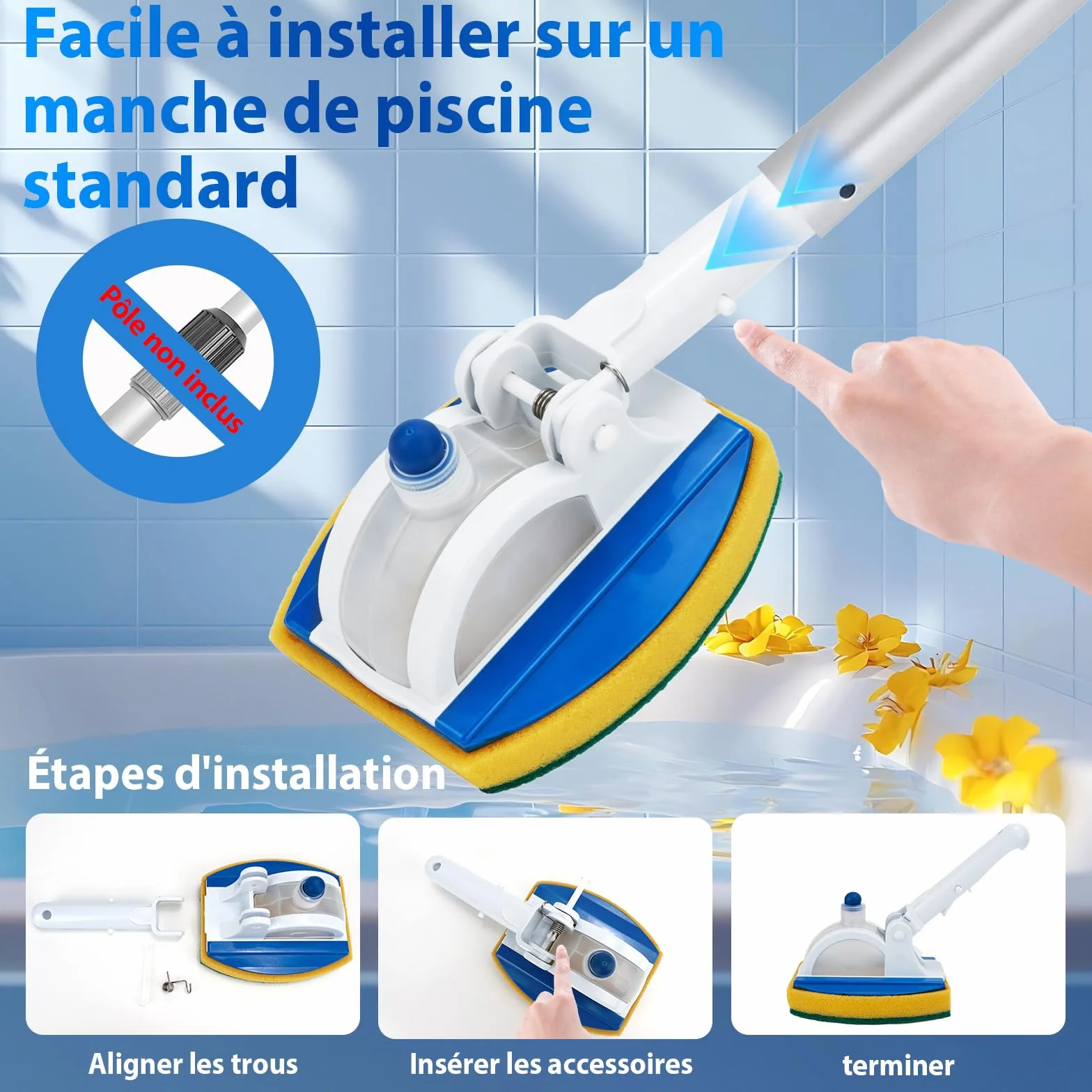 Brosse Éponge Piscine 25 cm Articulation 135° avec Éponge de Rechange et Réservoir Détergent