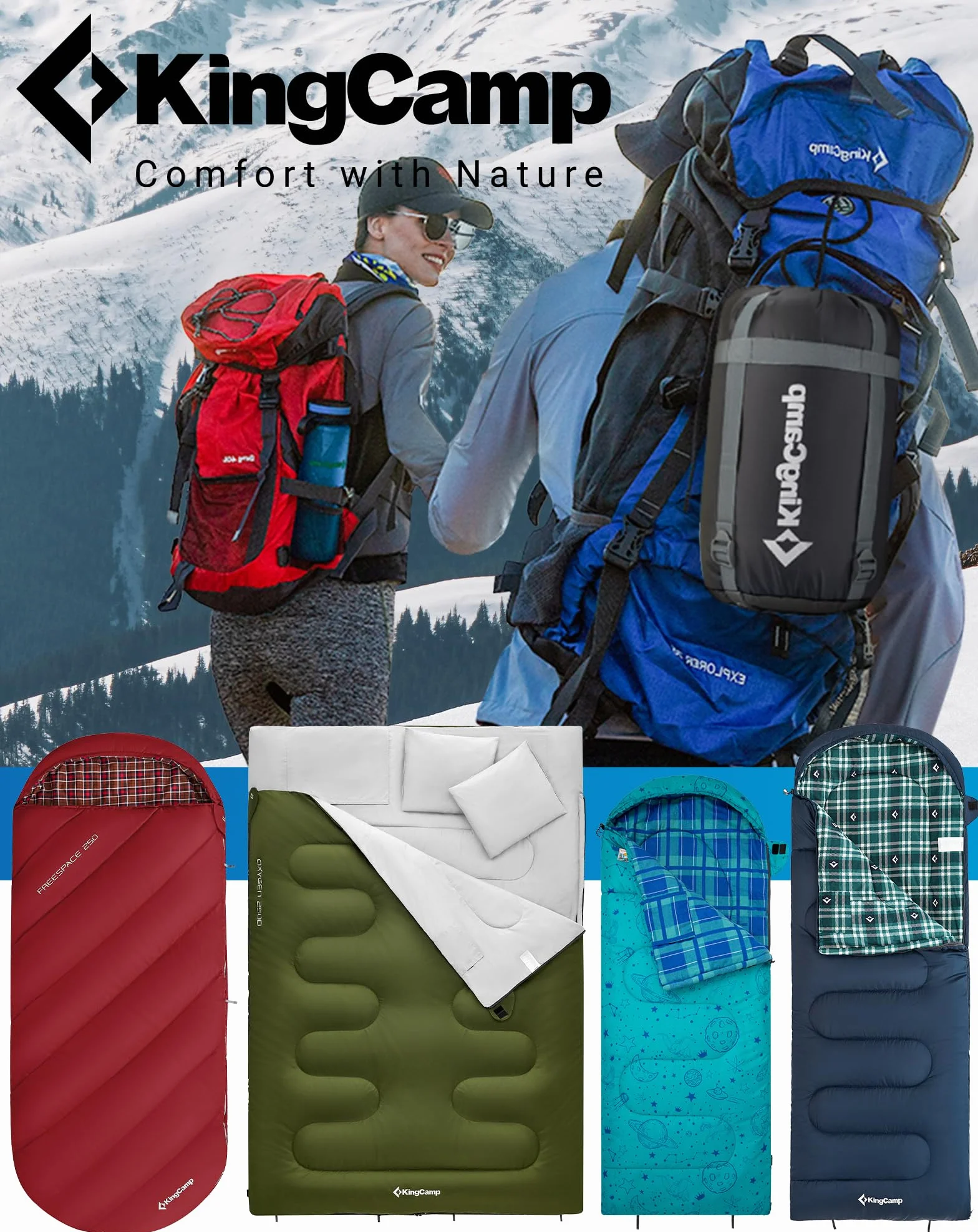 KingCamp Sac de Couchage Oasis 3-4 Saisons Imperméable et Léger pour Le Camping (Enfants et Adultes) - Reliable Gauche/Droite en Double Sac, Idéal pour Les Voyages et Activités Plein Air