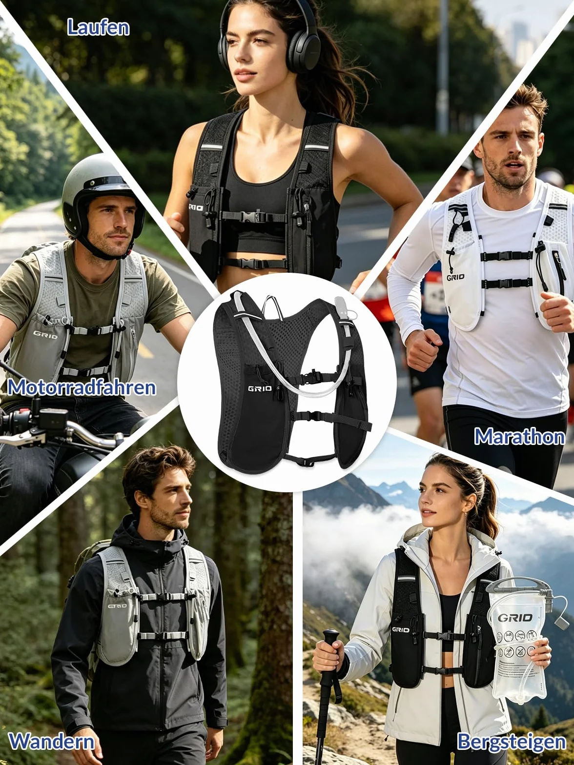 Gilet d’Hydratation 1.5L GRIO - Sac à Dos de Course Léger et Respirant pour Homme et Femme - Idéal pour Trail, Marathon, Vélo - Stable et Confortable