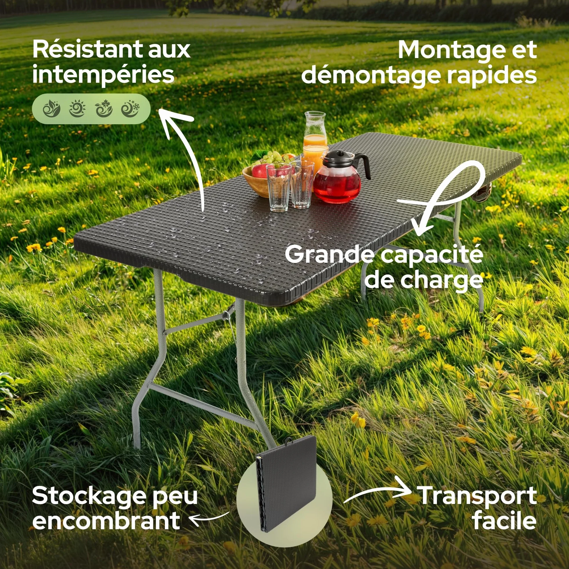 AREBOS Table de Buffet Pliable 182 x 74 x 74 cm Aspect rotin Résistant aux intempéries 8 Personnes