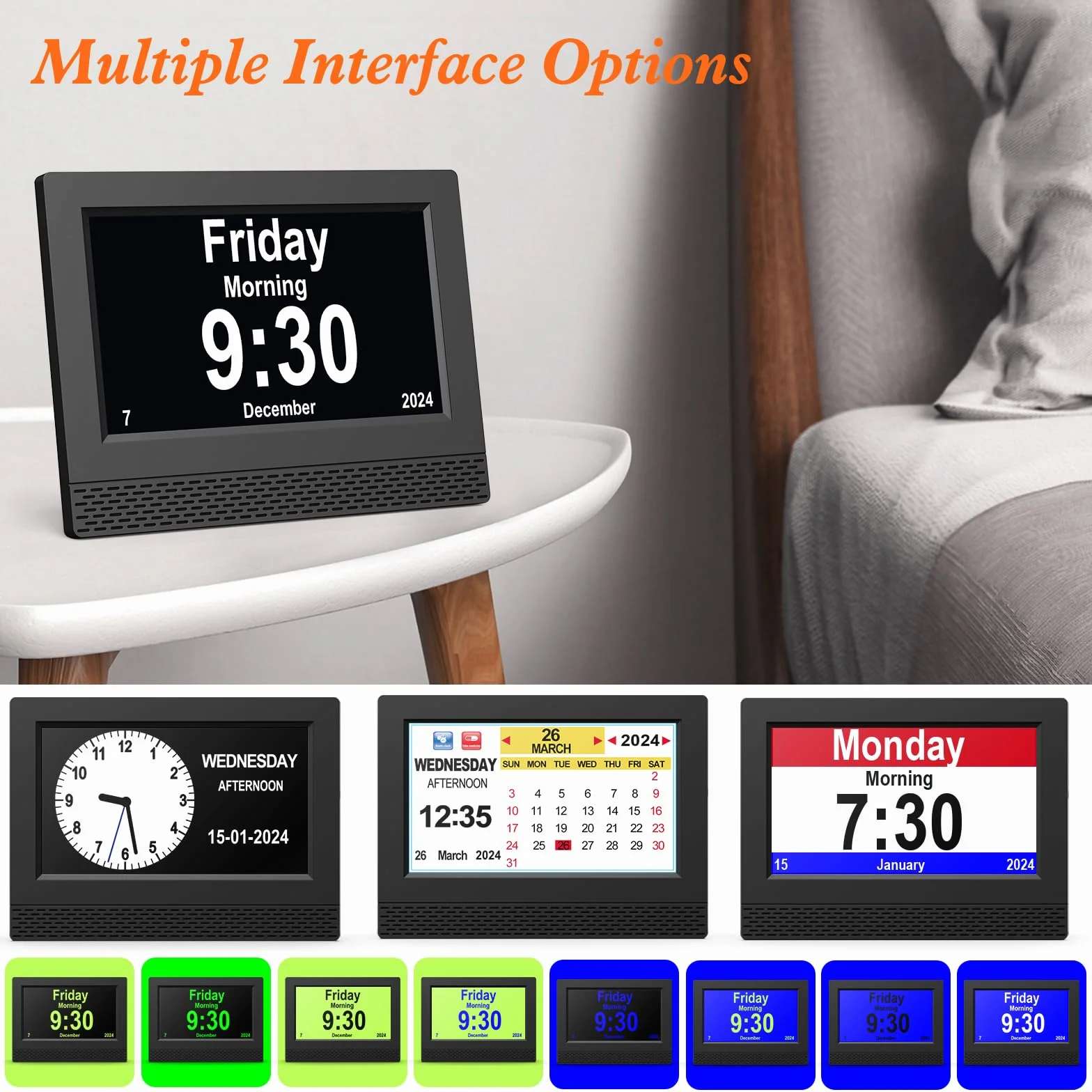 SENXINGYAN Horloge Numérique 7 Pouce LCD Auto Dimming 10 Langues Date Jour Heure Non-Abrégée Noir