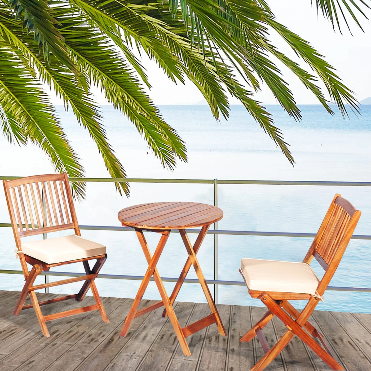 GIANTEX Salon de Jardin 2 Personnes Bois d'Acacia, Table Extérieure avec Chaise, Coussins Amovibles, Beige Naturel