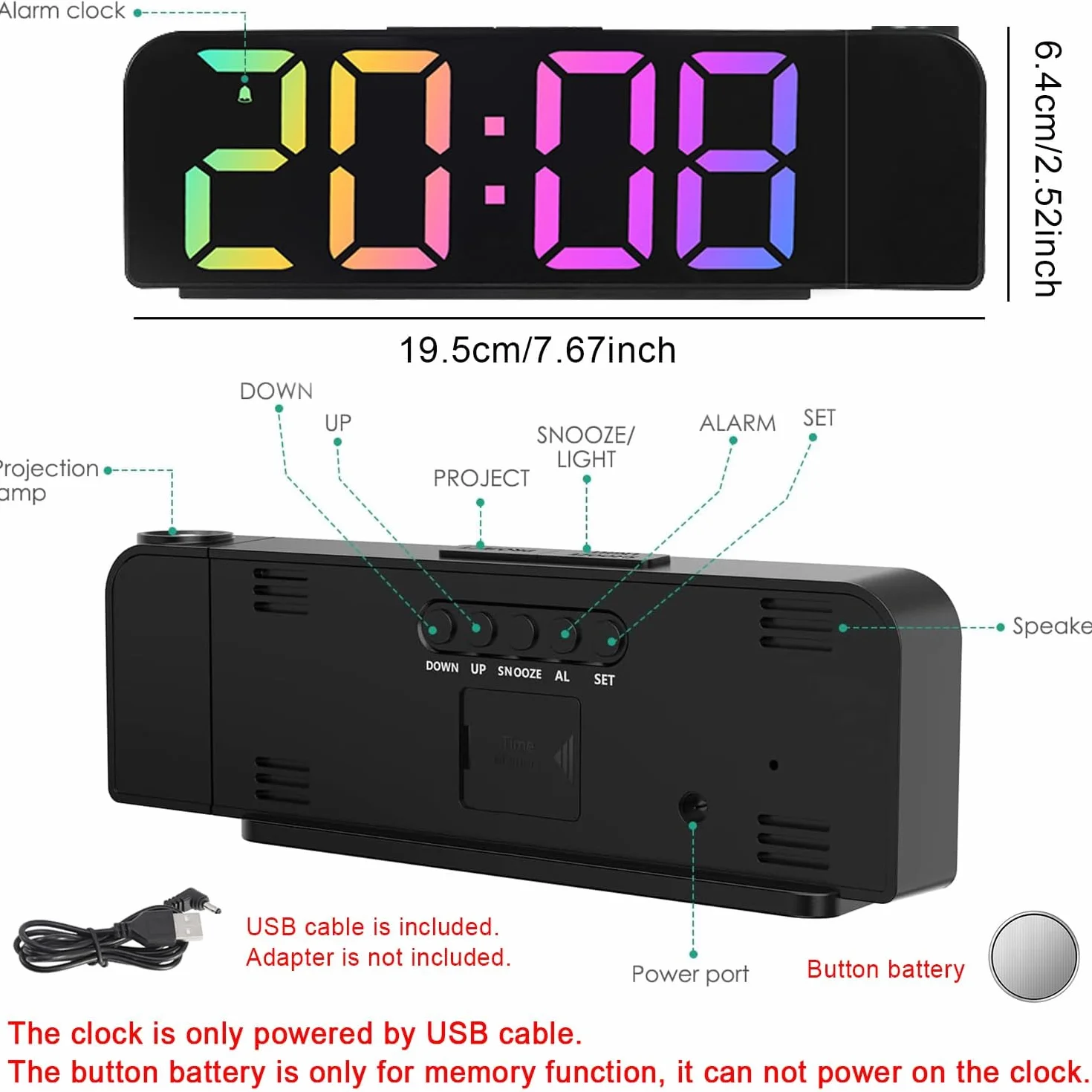 Réveil numérique à projection avec variateur d'intensité pour chambre à coucher