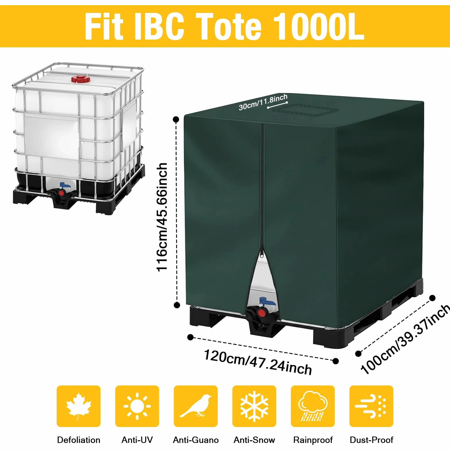 Housse de réservoir IBC 1000L imperméable et résistante en tissu Oxford 420D, coupe-vent, anti-UV, pour l'extérieur avec sangles de fermeture à clic, housses pour réservoir d'eau (120 x 100 x 116 cm