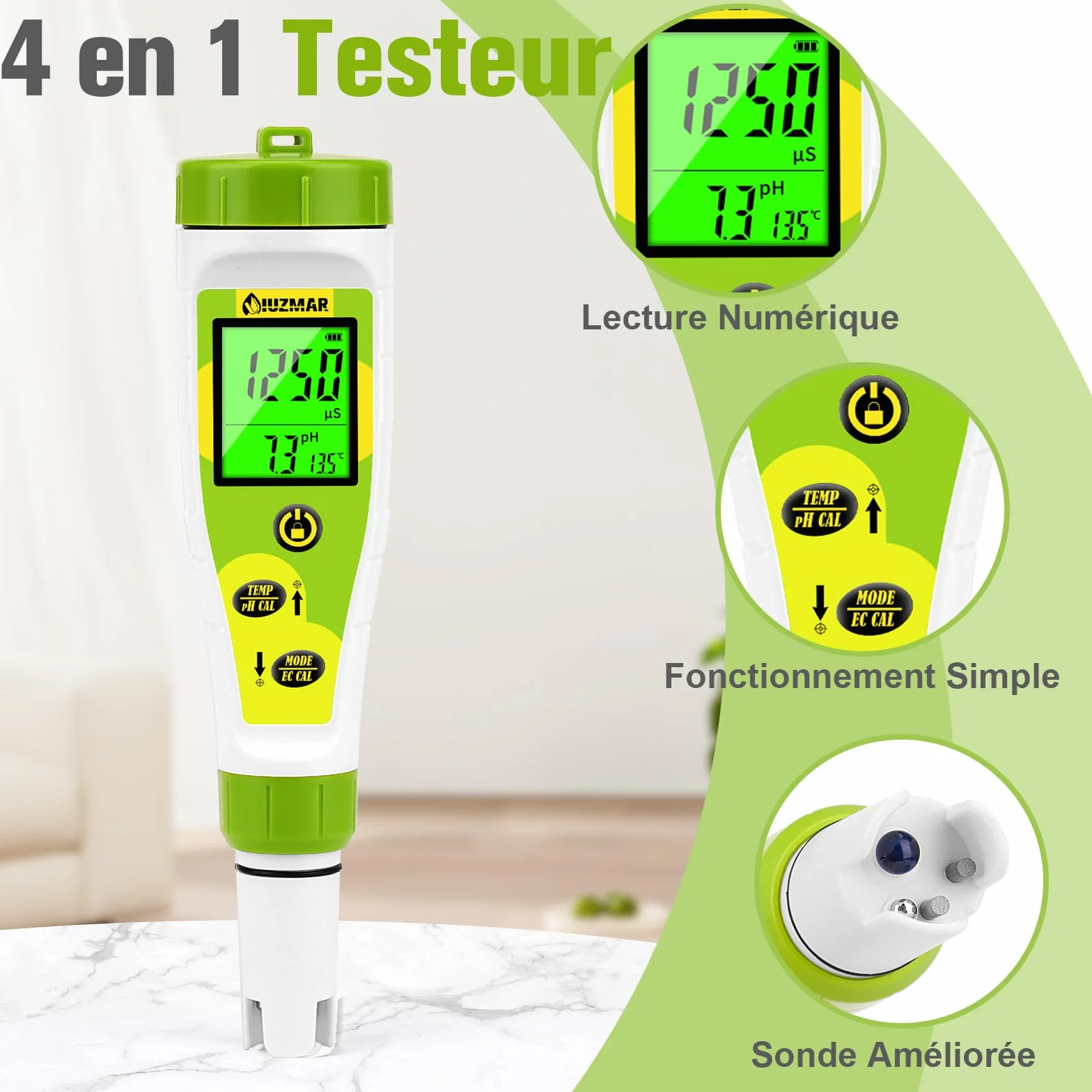 pH Mètre Piscine 4 en 1 PPM EC Temp Testeur pour Système d'Eau, Aquarium