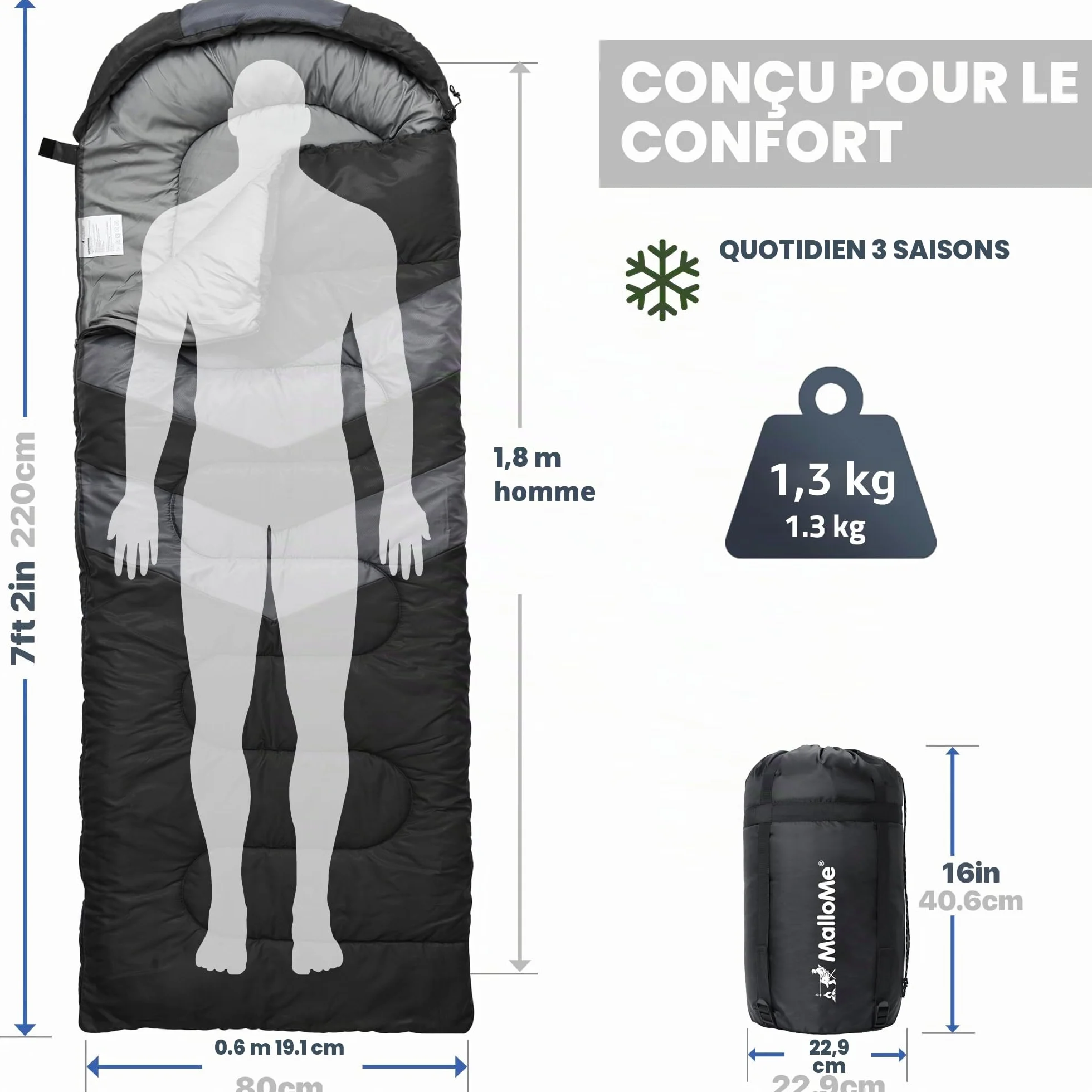 MalloMe Sac de Couchage Adulte Enfant Hiver Été Printemps Automne - Duvet 1 Personne - Imperméable Sacs de Couchage de Damping et Randonnée - Sac Couchage Ultra Léger, Compact Sleeping Bag
