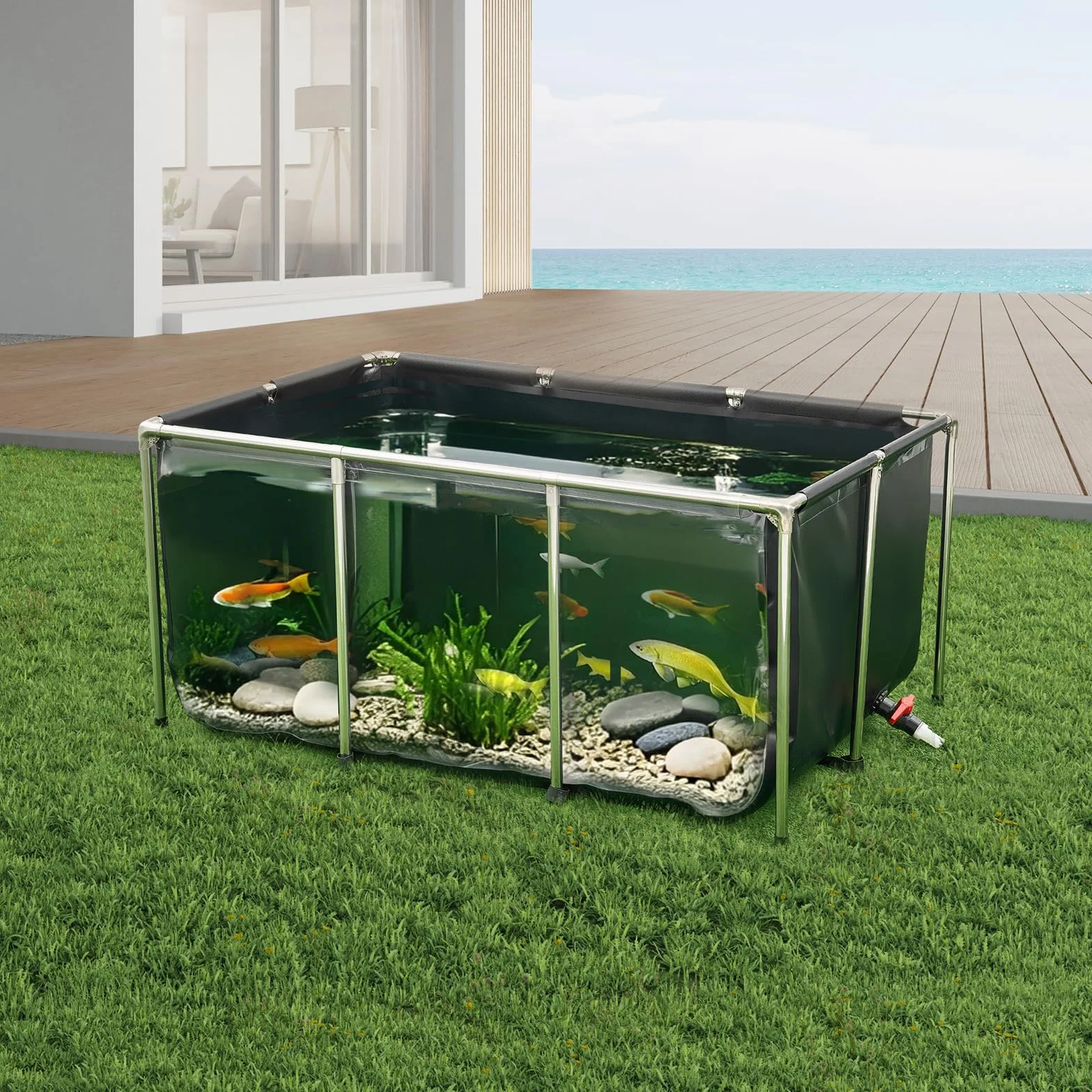 VEVOR Bassin à Poissons Hors Sol 1023,3 L PVC Toile avec Panneau Transparent Cadre Acier Inoxydable Vanne de Vidange Noir
