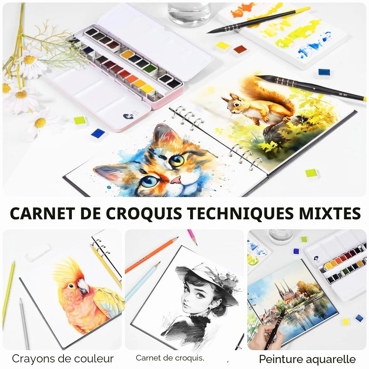 Lightwish Carnet aquarelle carré 100% coton 300 g/m² sans acide 20 feuilles 19 x 20 cm