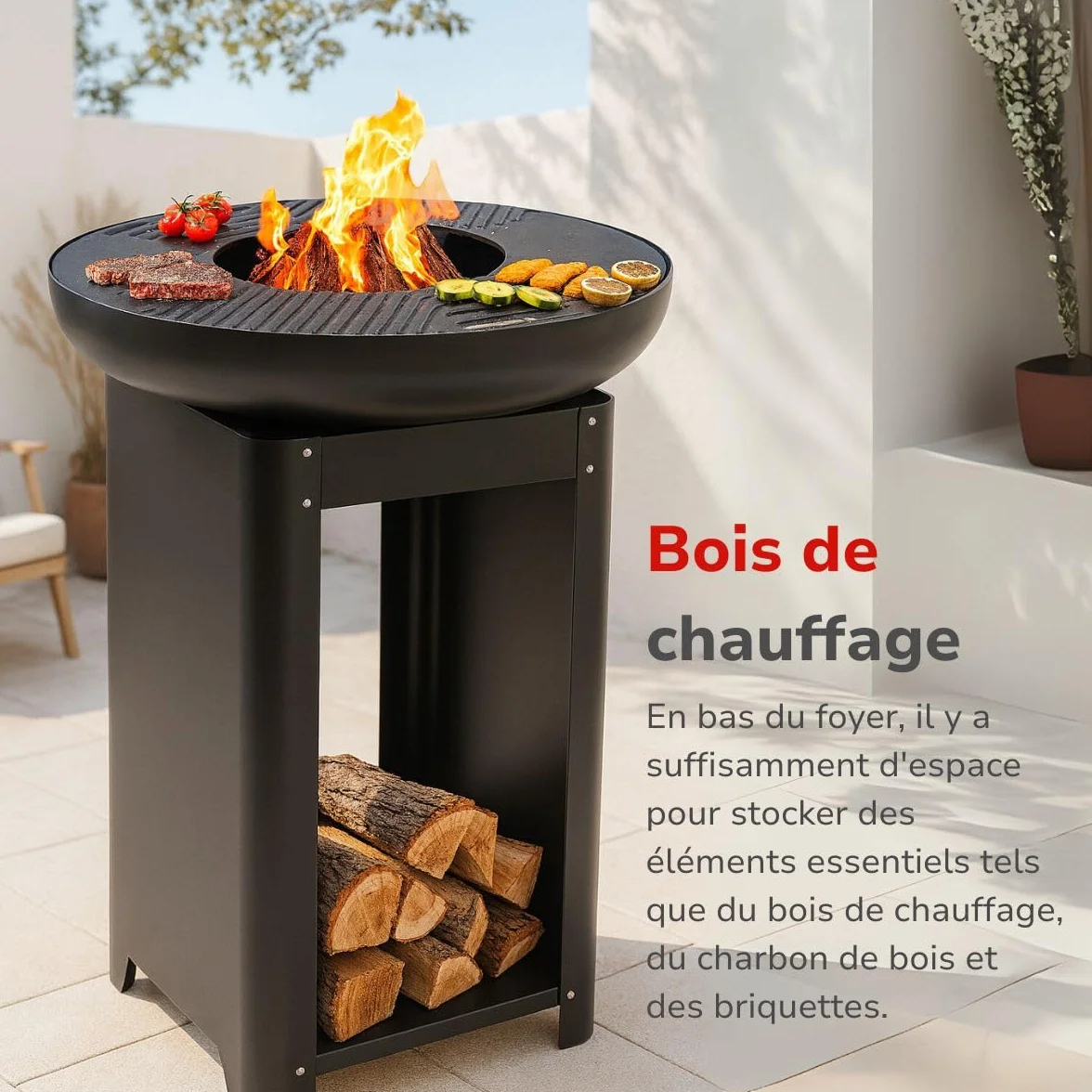 Alpina Foyer Extérieur 3 en 1 Cheminée de Jardin 61x90 cm avec Plaque Chauffante Teppanyaki Barbecue à Plancha