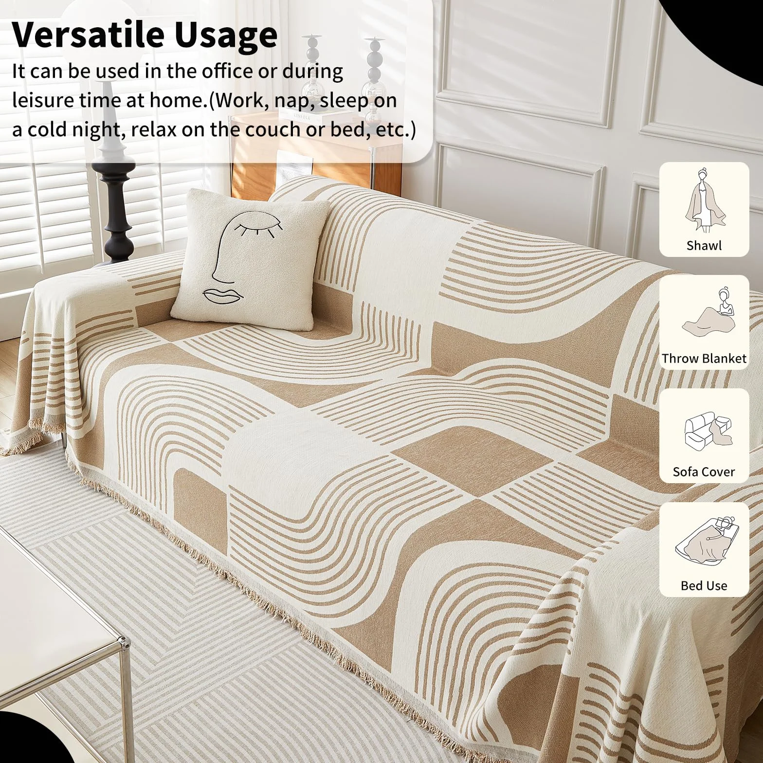 WEYOND Housse de Canapé Bohème en Chenille Lavable 230x380 cm Kaki