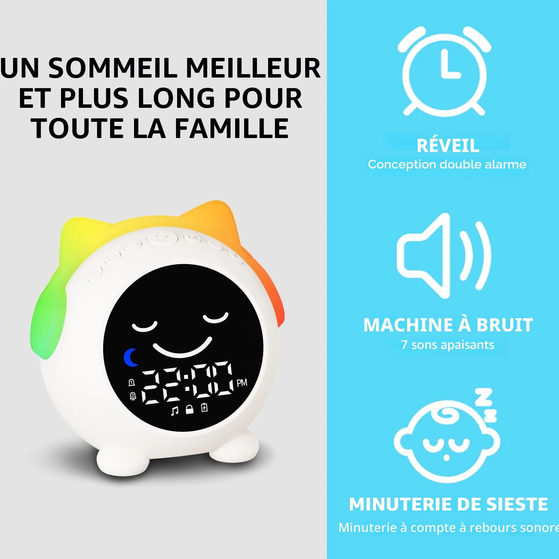 Réveil Enfant Chat Éducatif Jour/Nuit avec Veilleuse Sons Apaisants 2 Alarmes Mode Week-End Rechargeable