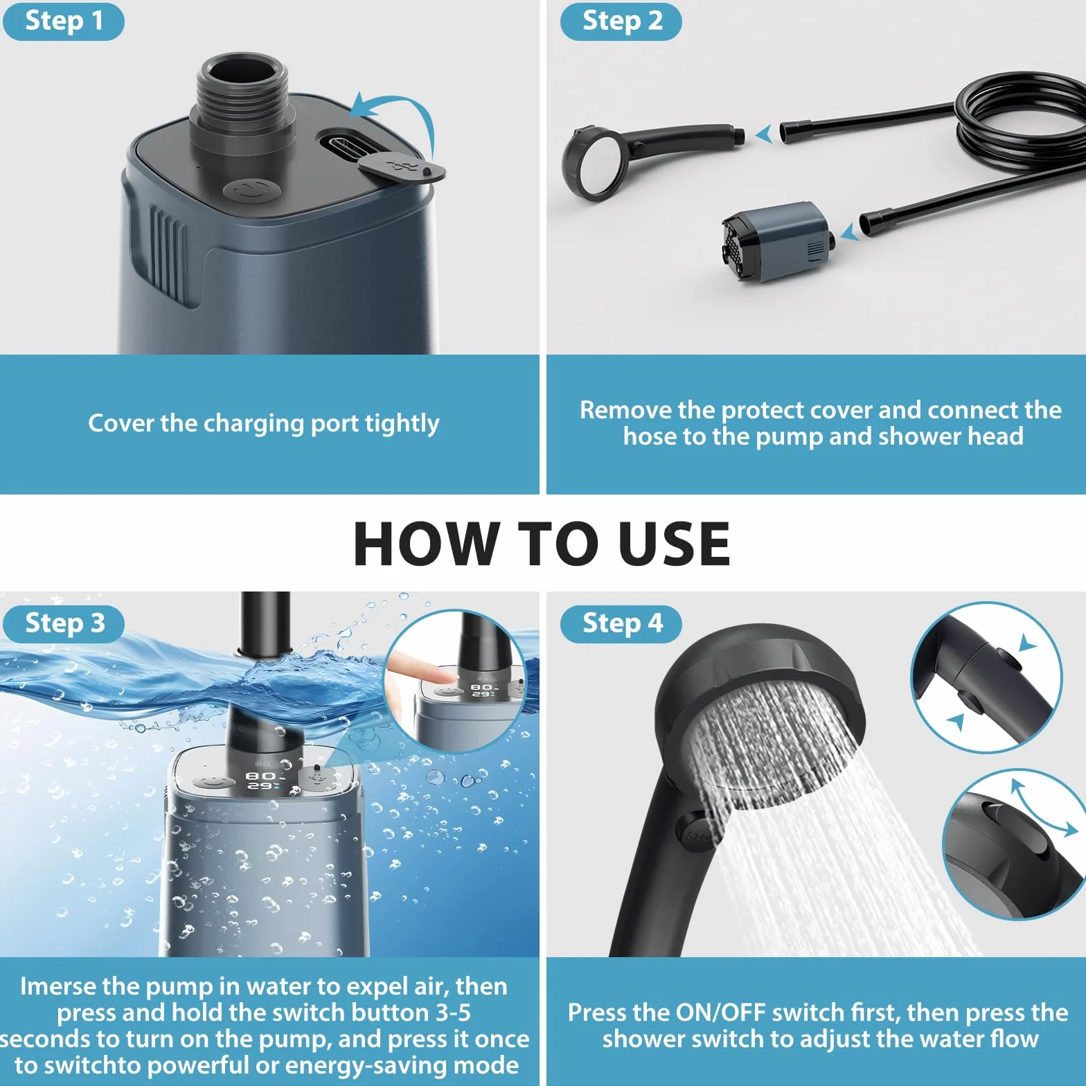 Douche de Camping Portable,avec Ecran Intelligent & 6000mAH,Pompe de Douche Rechargeable,IPX7,4 Modes de Douche et Tuyau de 2M pour Voyages,Randonnées,Camping, Douches, Animaux de Compagnie