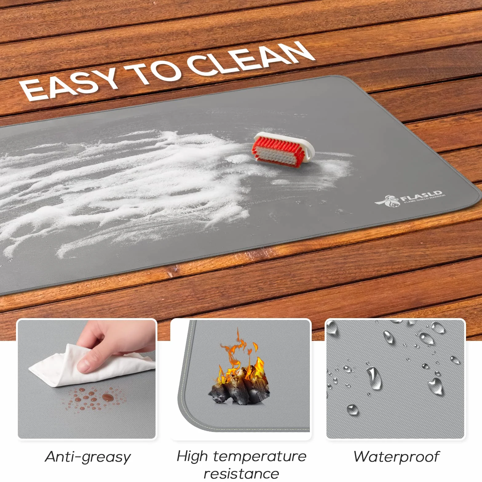 Tapis de Gril Lavable Ignifuge 91 x 122 cm Gris pour Barbecue