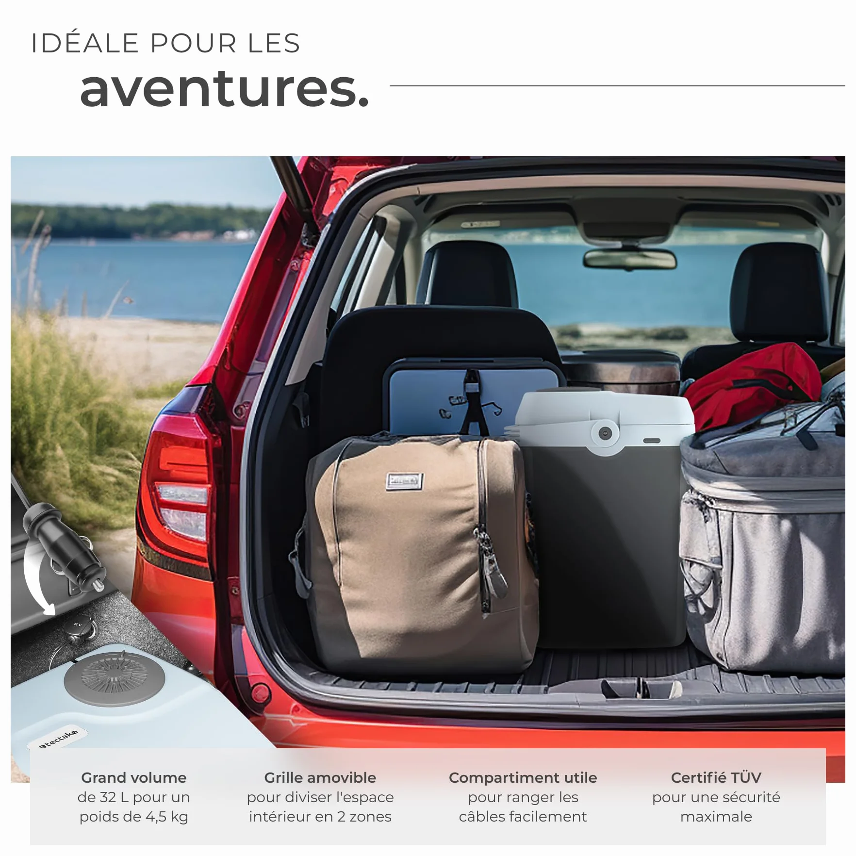 tectake® Glacière électrique 2en1 réfrigérante et chauffante 32 ou 40 L, Poignées de Transport, Mode ECO, Connexion Secteur 220V, Allume Cigare 12V, Glaciere Electrique Camping Pique Nique Plage