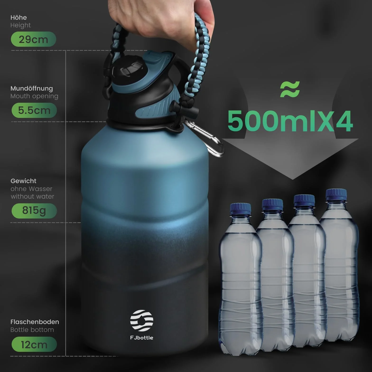 Fjbottle Gourde Isotherme 1.9L avec Bouchon Magnétique, Gourde Sport Double Paroi sans BPA, Bouteille d'eau de Grande Capacité pour Sport, Voyage, Vélo, Randonnée