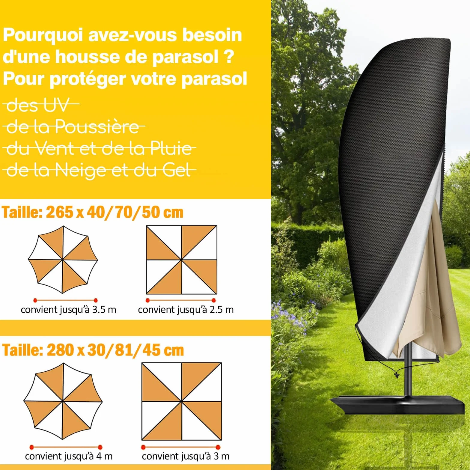 Housse Parasol Déporté Reinalin 265x40/70/50 cm Tissu Oxford Anti-UV Coupe-Vent
