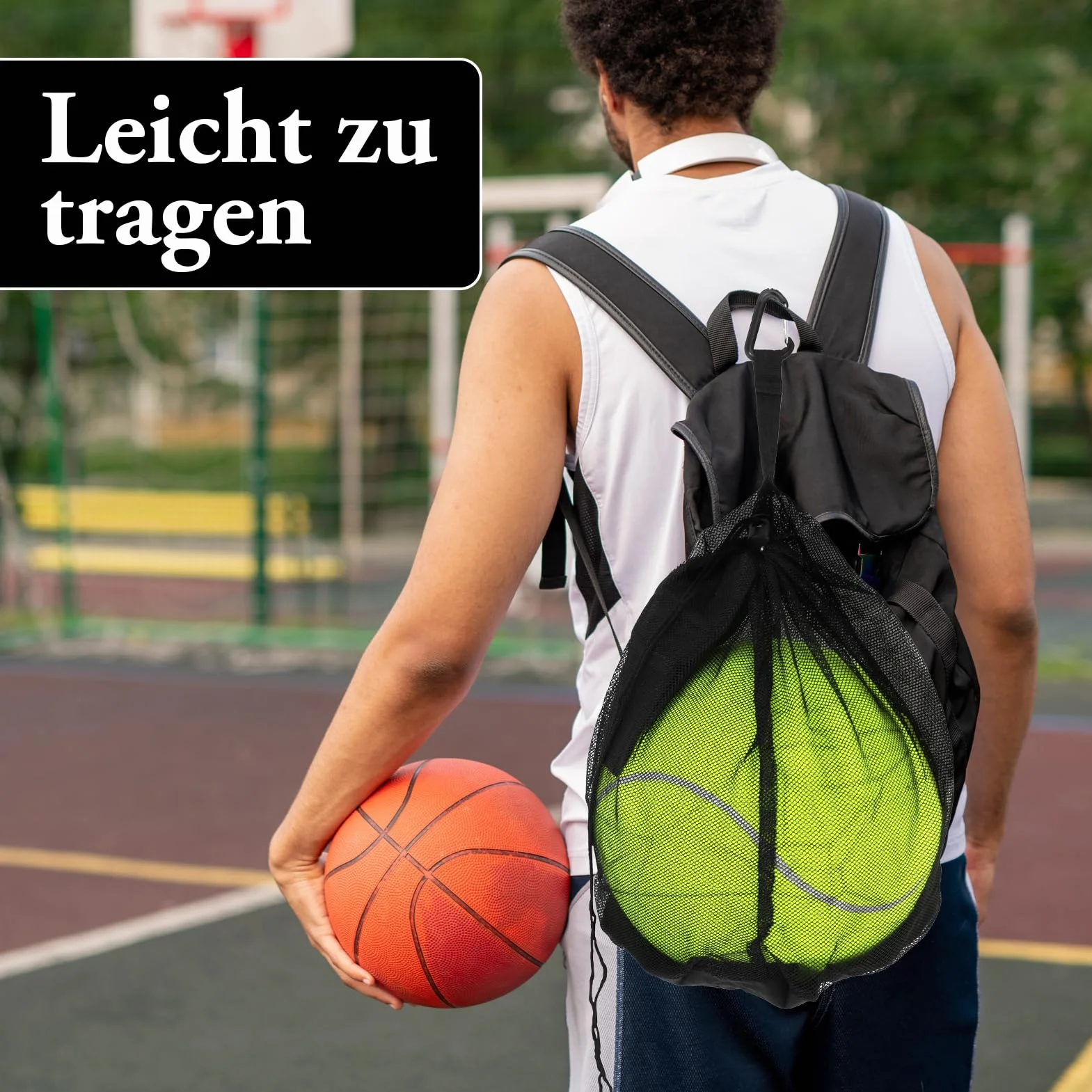 Sac à Ballon en Maille Filet,Portable et Pliable avec Cordon de Serrage et Mousqueton，pour 1 Ballon avec Poche zippée, Sac à Dos pour Basketball, Football, Handball, Volley-Bal