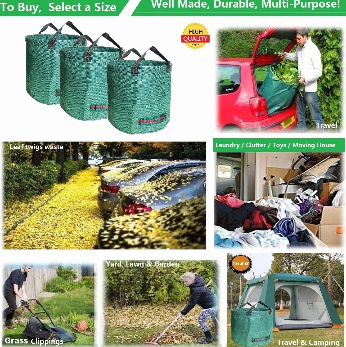 Sacs de Jardin 272L Lot de 3 - Poubelle Résistants PP Robuste Vert
