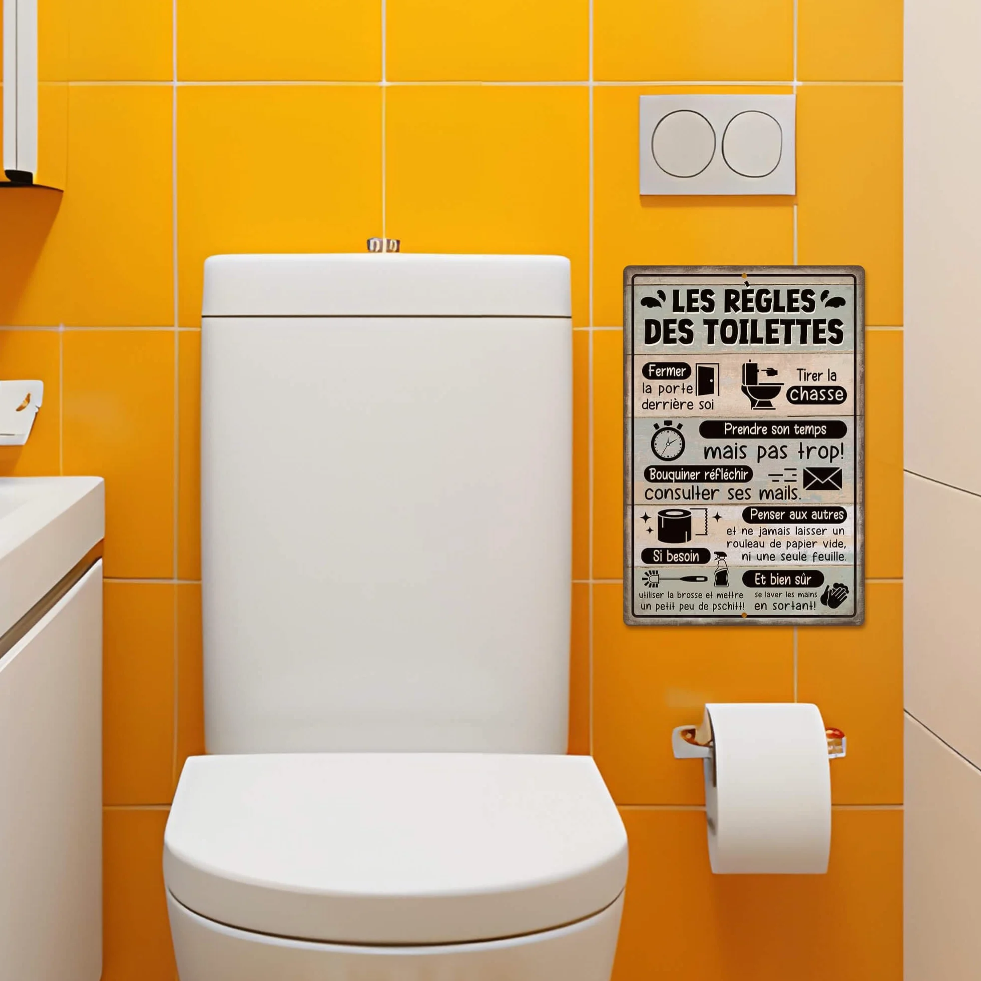 Plaque Métallique "Les Règles des Toilettes" avec Design Humoristique - Décoration Murale WC Salle de Bain 20x30 cm