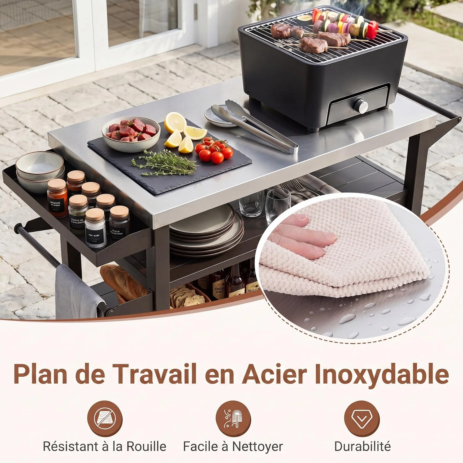 COSTWAY Chariot de Barbecue Extérieur Acier Inoxydable avec Rangement 116x50x87 cm