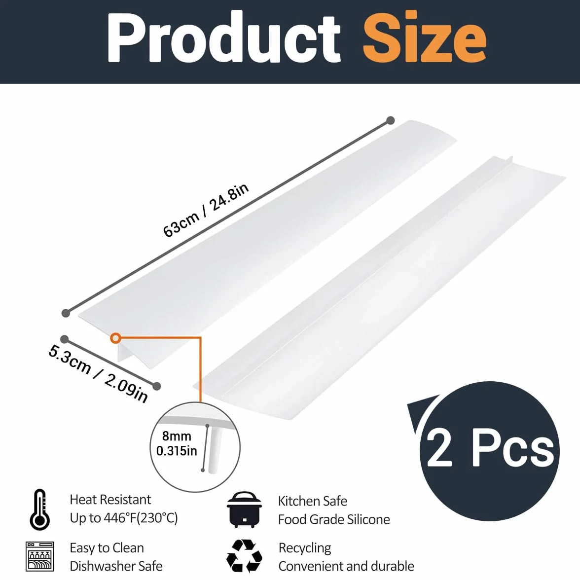 Ruvan 2 pièces Joint Silicone Gap Cover, Couvercle D'écart de Comptoir de Cuisinière en Silicone de Cuisine, Blanc 25 inches
