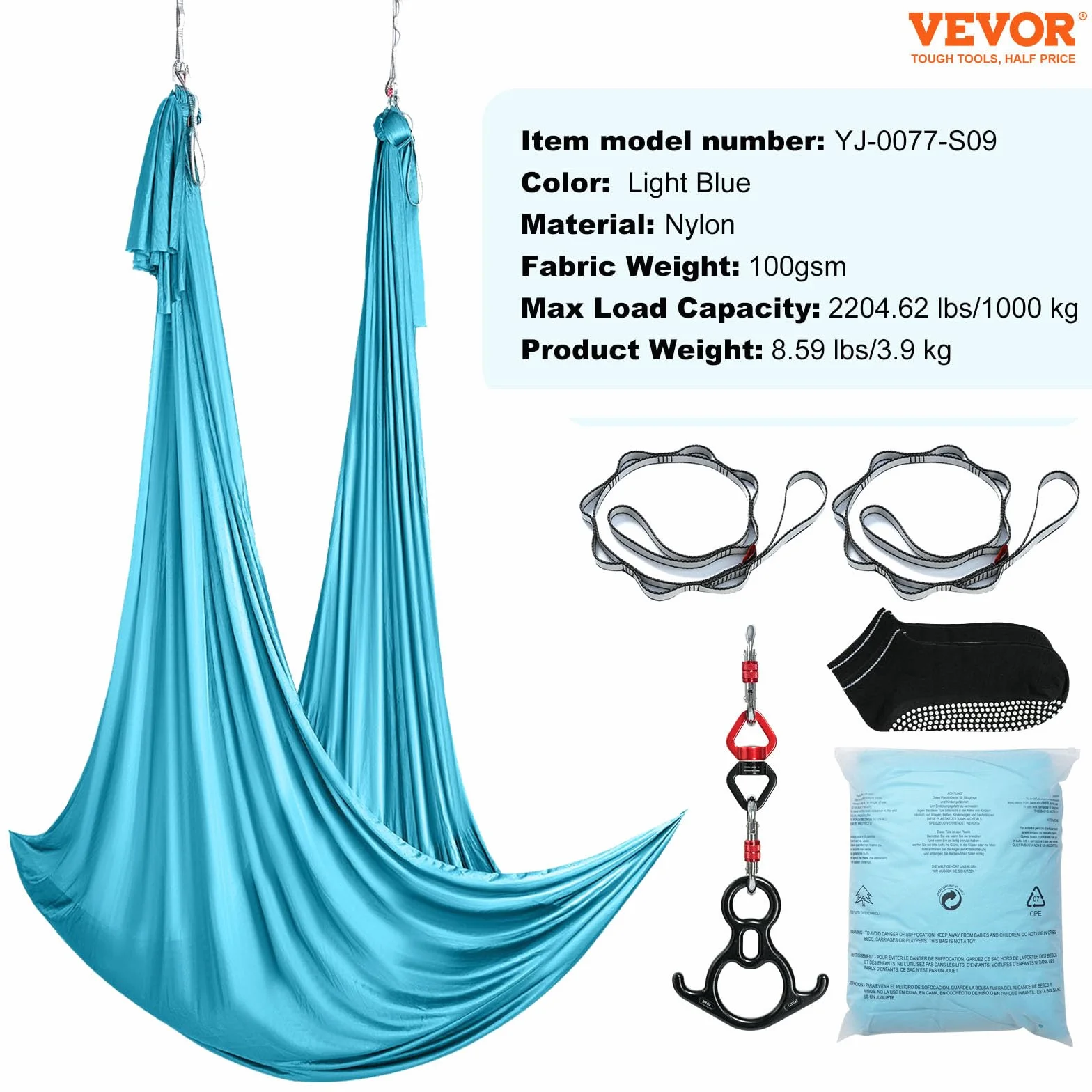 VEVOR Hamac de Yoga Aérien 10 x 2,8 m Kit Balançoire de Yoga Inversion Danse Aérienne en Nylon 100 g/m² Capacité Charge 1000 kg Vol Anti-gravité d'Air pour Fitness Musculation Pilates Gym Maison Bleu