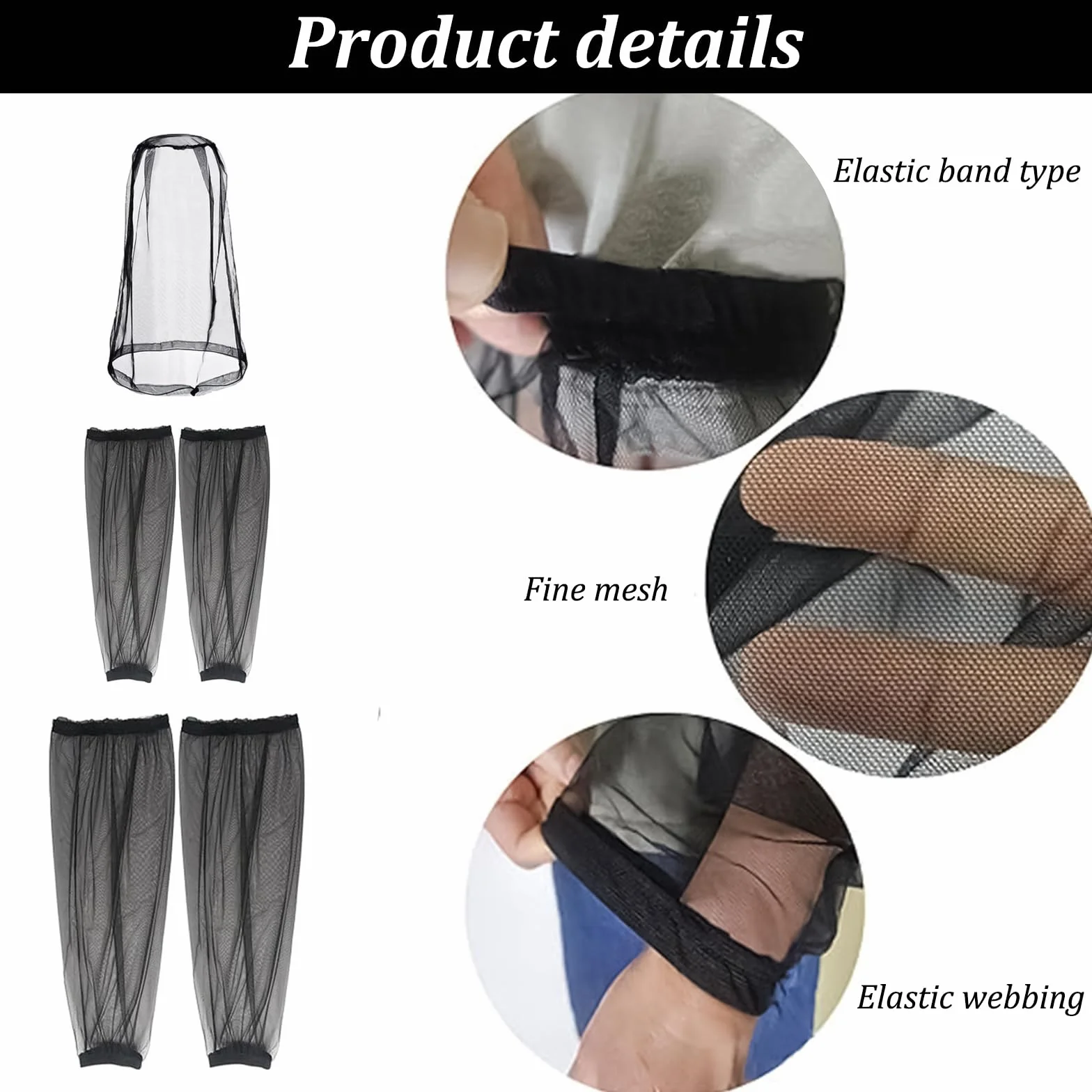 Filet de Tête Anti-Moustique, 5Pcs Moustique Protection de Tête Filet Respirants Manchons de Bras et Jambes Anti-Moustiques avec Sac de Rangement pour Extérieur Camping Pêche (Noir)