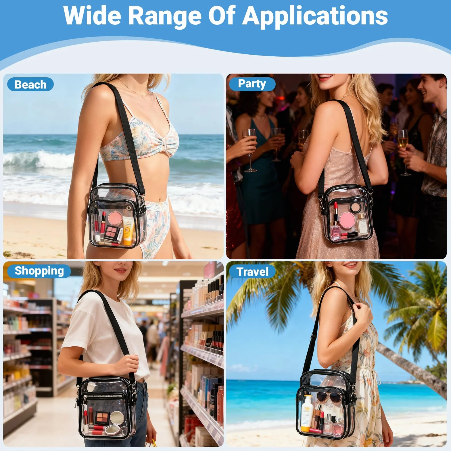 Sac à bandoulière transparent en PVC pour stade voyage plage sport