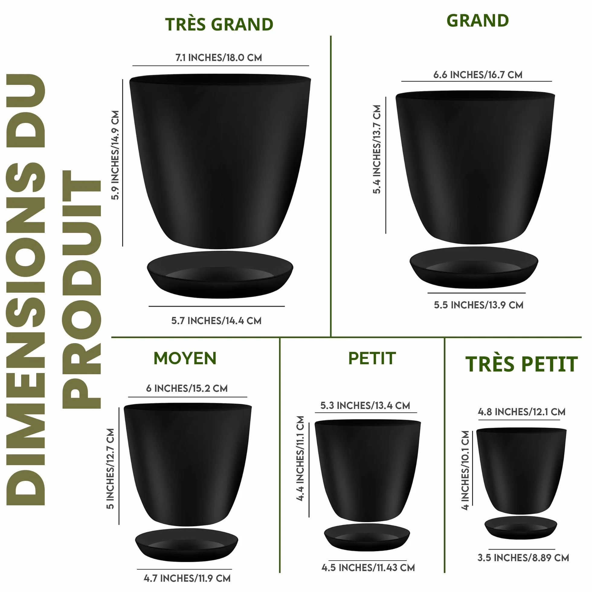 Utopia Home Lot de 5 Pots de Fleurs 18/17/15/13/12 cm avec Soucoupe Noir pour Intérieur