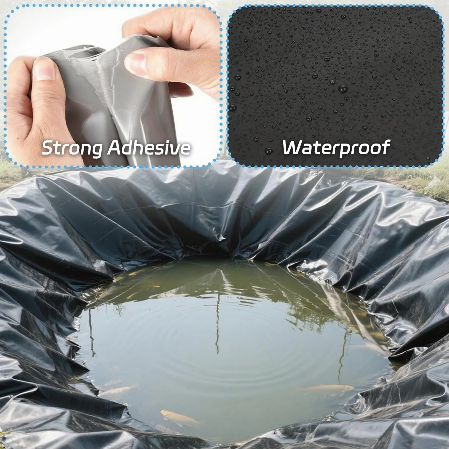 Lot de 2 patchs de réparation EPDM autocollants 20 x 20 cm pour bassin de jardin noir