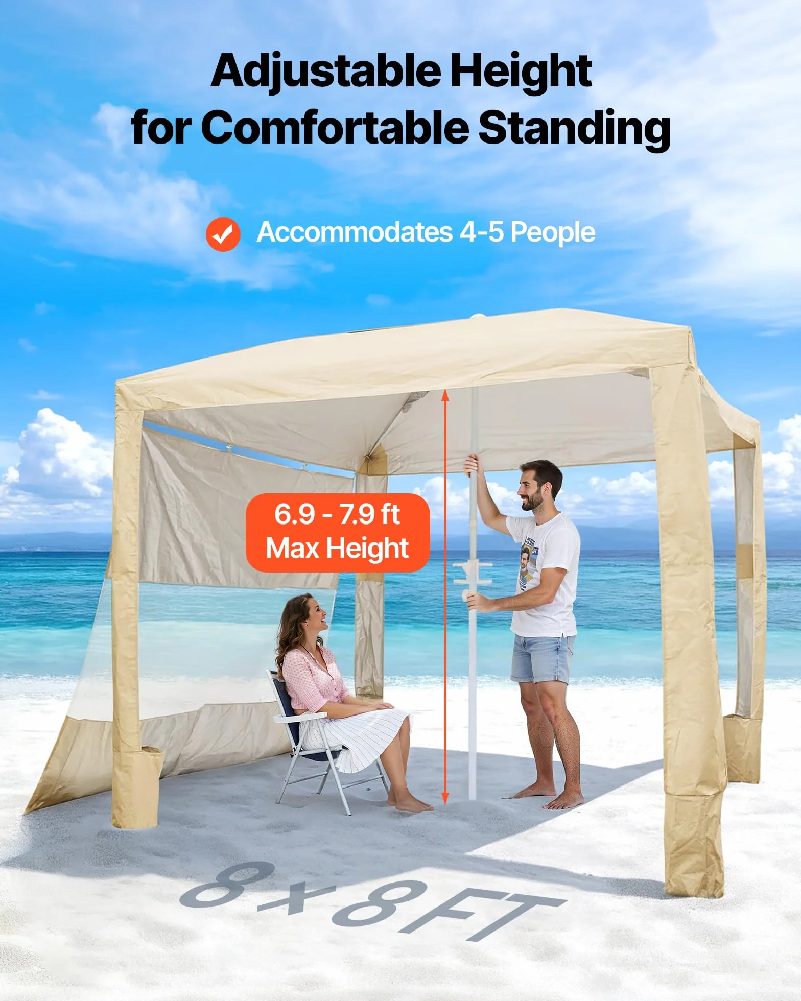 VEVOR Tonnelle de Plage 2,4 x 2,4 m, Abri de Plage avec Parois Latérales et Poches à Sable, Tente Portable pour Camping Extérieur, Protection UPF 50+, Hauteur Réglable, Espace Ombragé Spacieux, Kaki