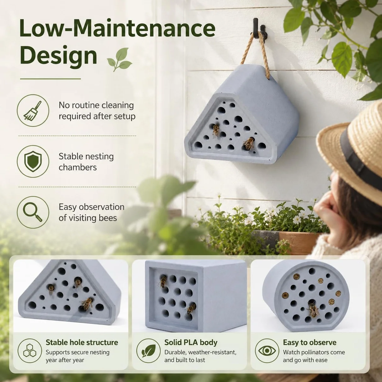 Hôtel à abeilles résistant aux intempéries en béton pour jardin, abeilles sauvages compact, aide nidification abeilles maçonnières