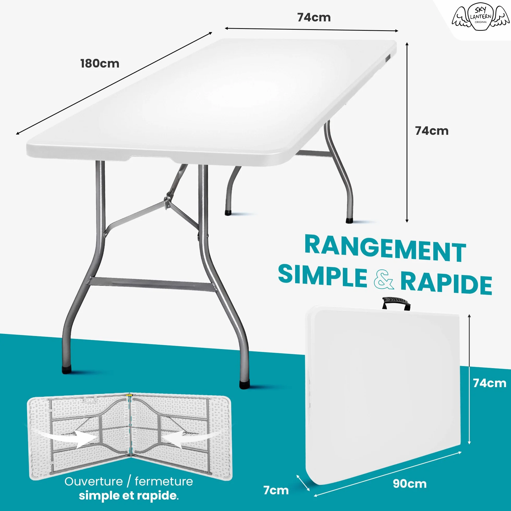 SKYLANTERN® Table Pliante Rectangulaire 180x75x74 cm Gris Clair - Table de Camping 8 Personnes HDPE 3,5 cm - Table de Jardin Pliante
