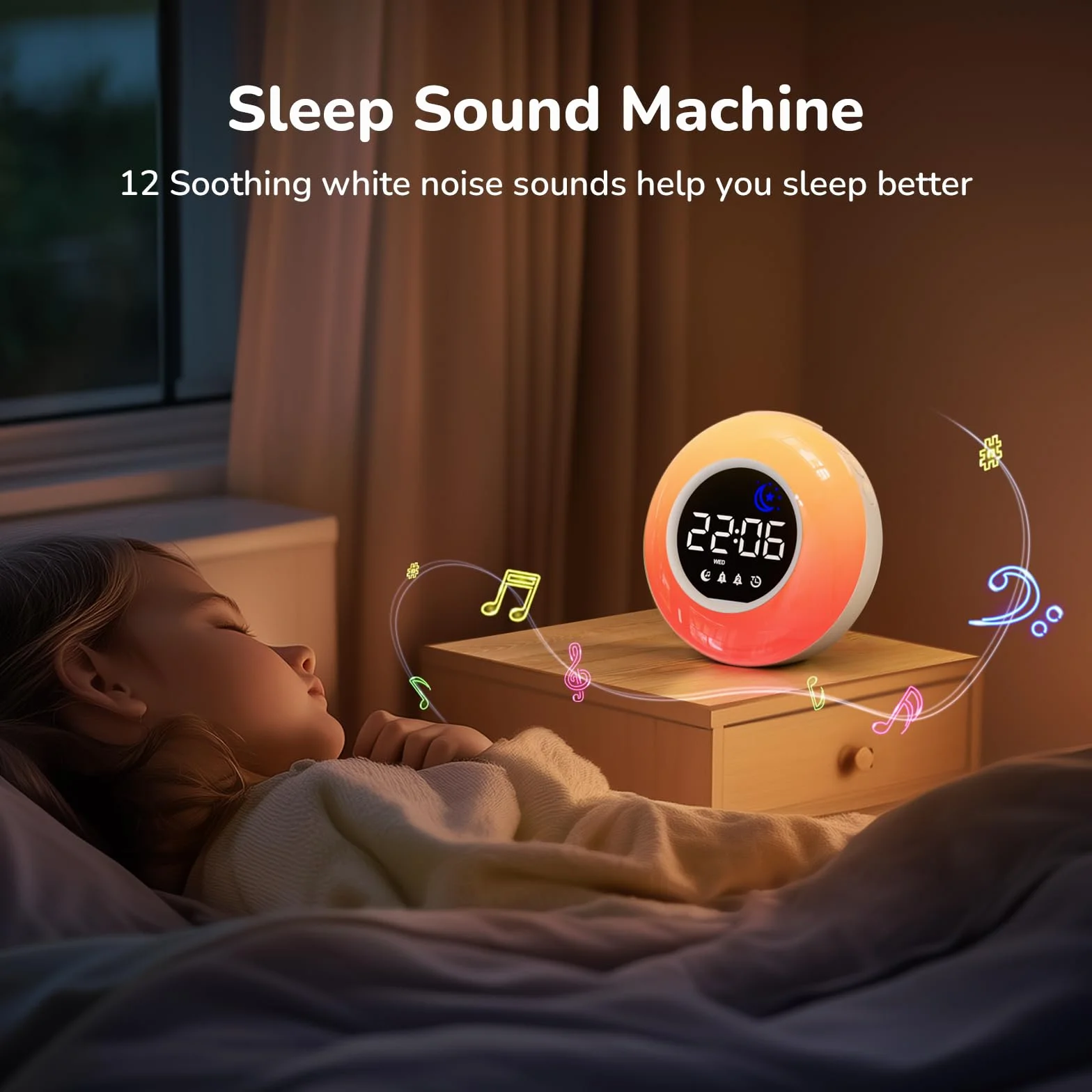 Réveil Enfant Lumineux LED RGB avec Veilleuse, Double Alarme, Minuteur, 12/24H, Adaptateur Inclus