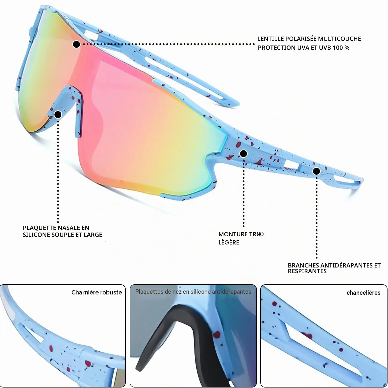 2PCS Soleil de Sport de Plein Air Lunettes Lunettes Velo Lunette de Cyclisme Polarisées Unisexes Coupe-Vent Et Anti-Sable Adapté à des activités telles que la course à pied cyclisme sur route et pêche